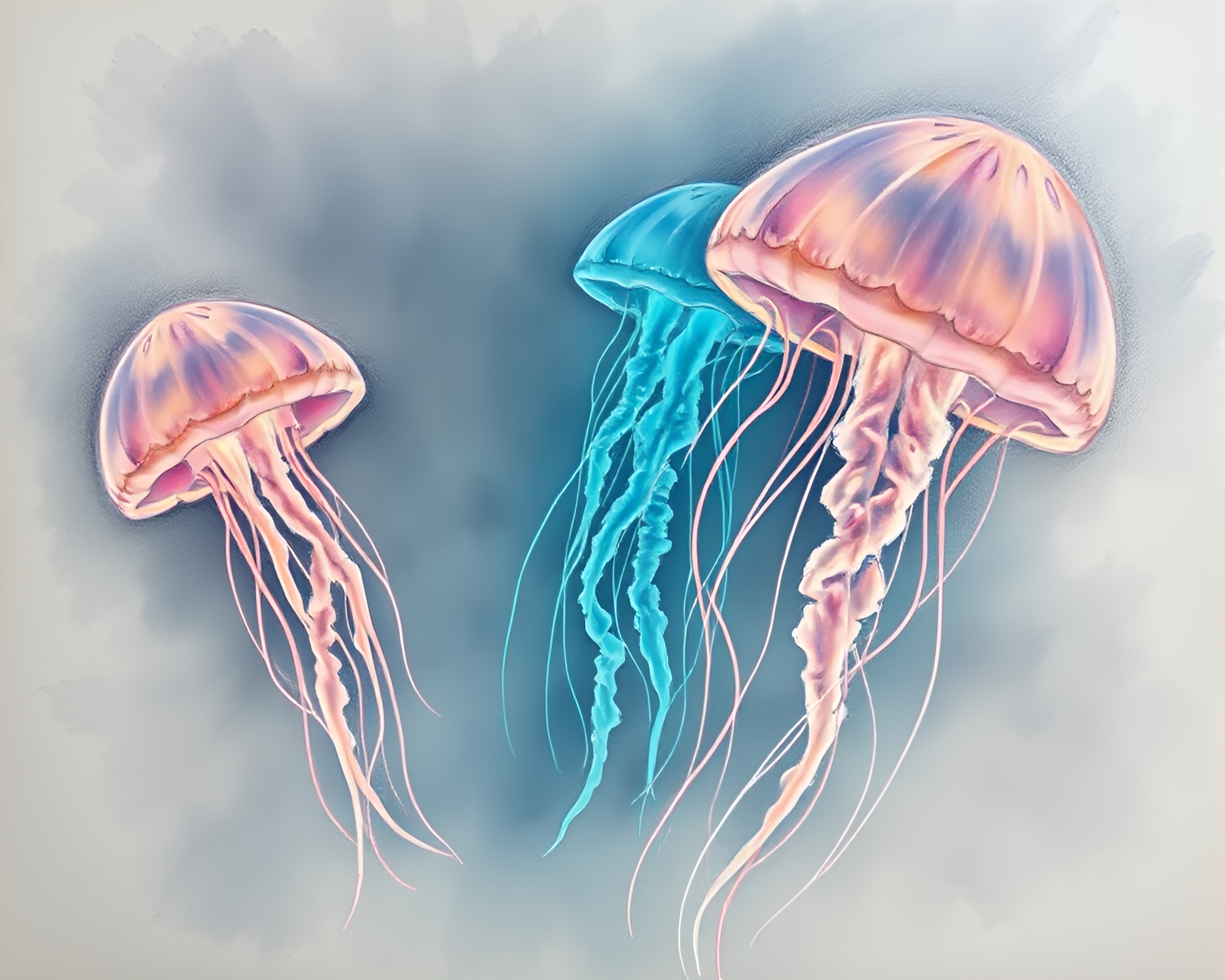 Enchanting Bioluminescent Jellyfish in Pastel Dust Overlay Sketch – free AI stock image