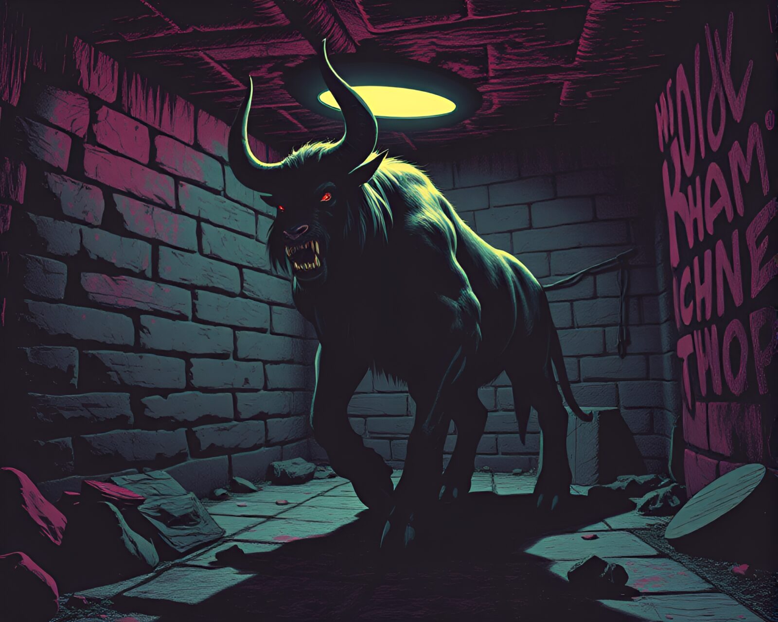 Sinister Minotaur in moody duochrome basement with halftone effect
