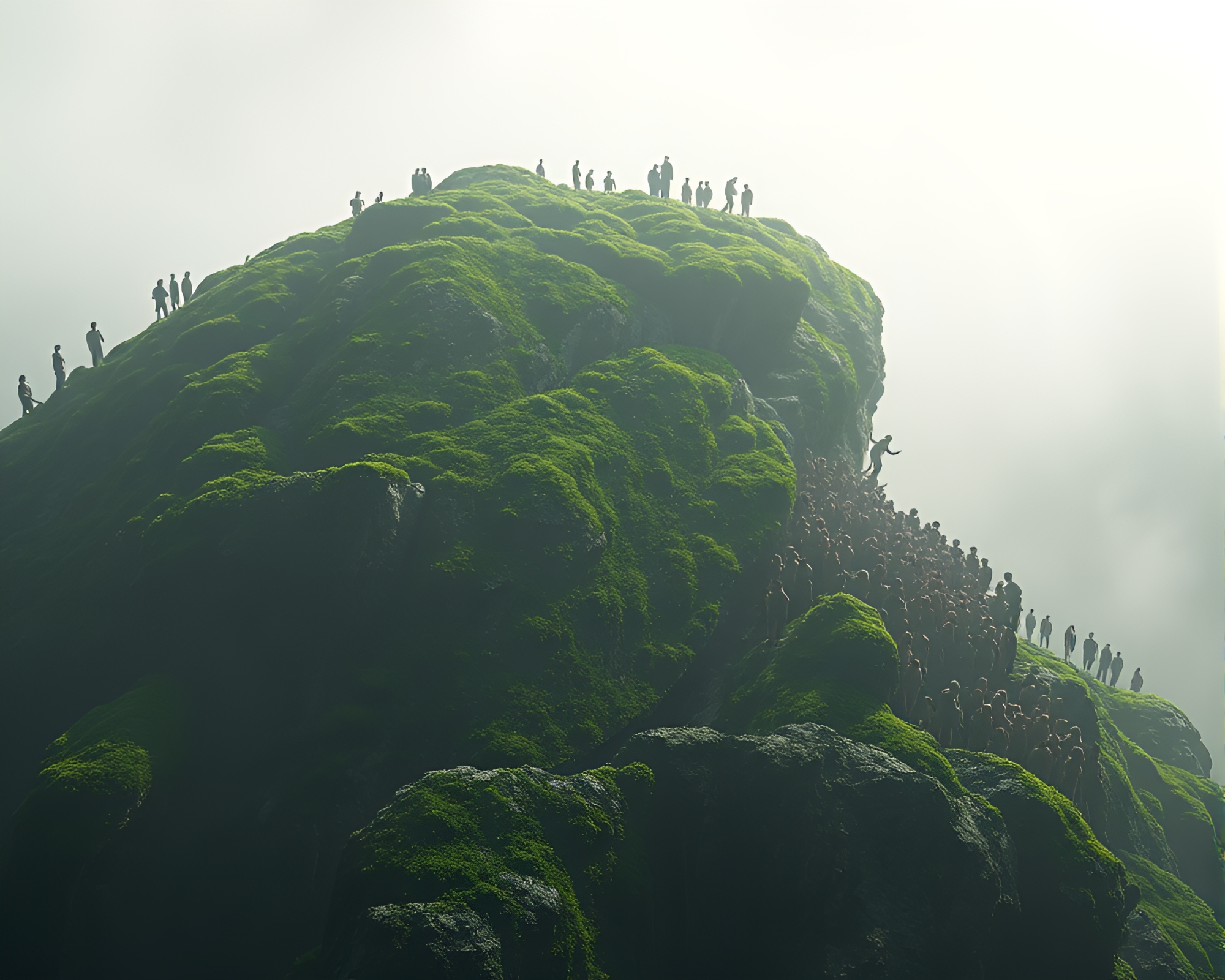 Silhouetted crowd gathers around moss-covered rocks – free AI stock image