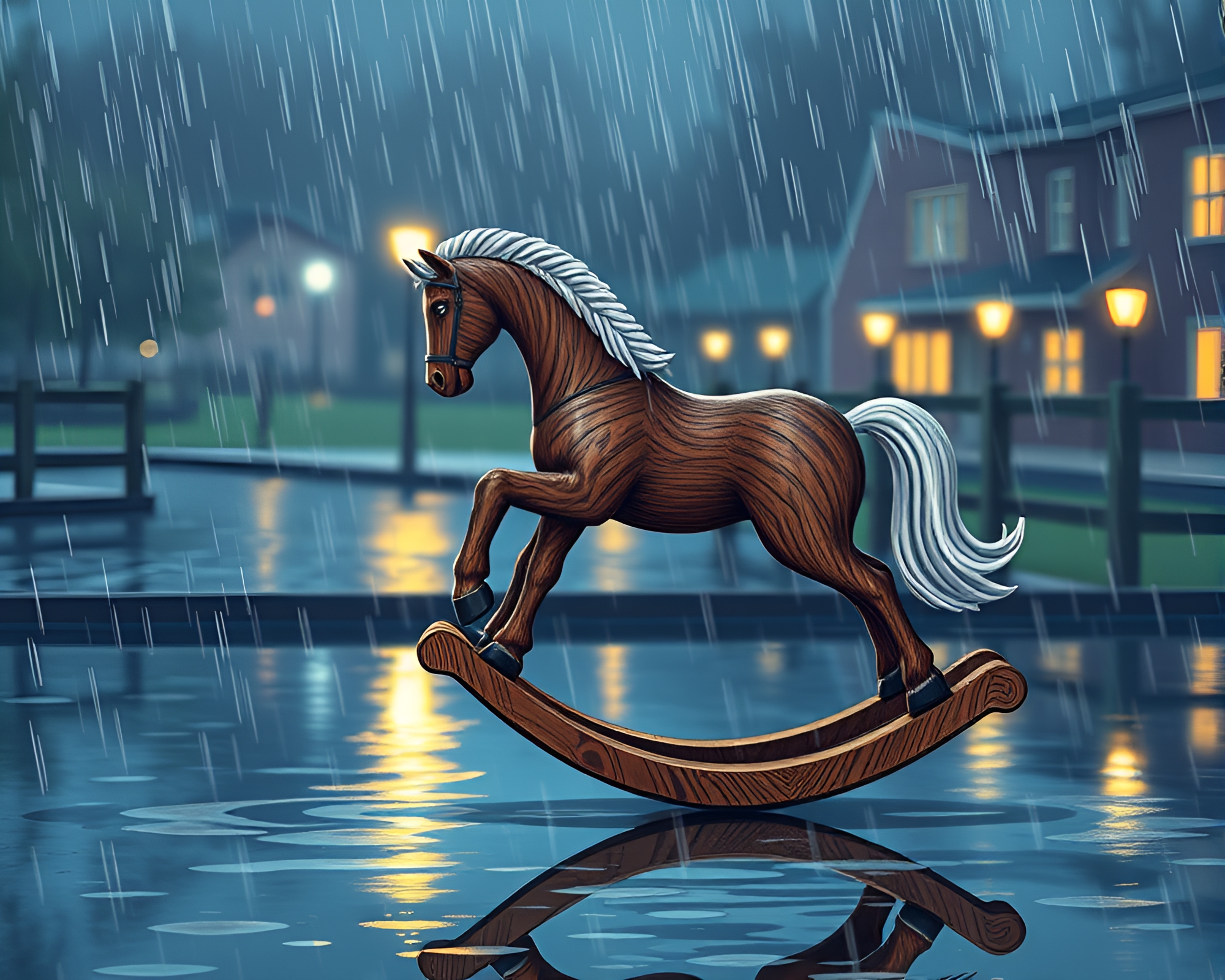 Rainy Reflections: Wooden Rocking Horse in Technical Illustration – free AI stock image