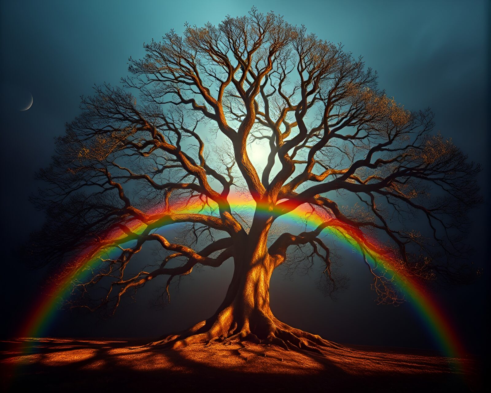 Dramatic chiaroscuro image of a hyper-realistic ancient tree with rainbow refractions