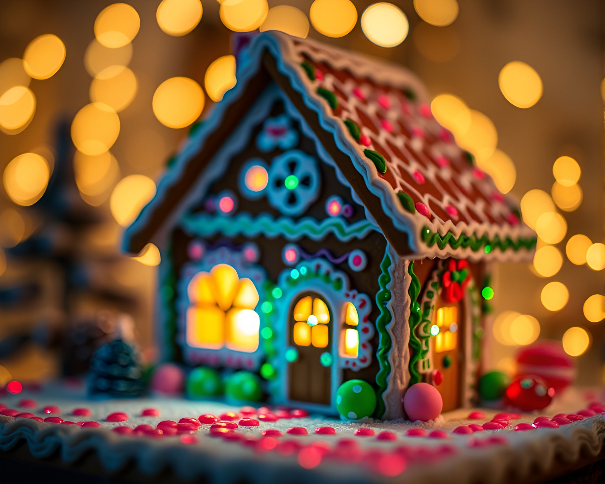 Gingerbread House Wonderland with Bokeh Lights – free AI stock image
