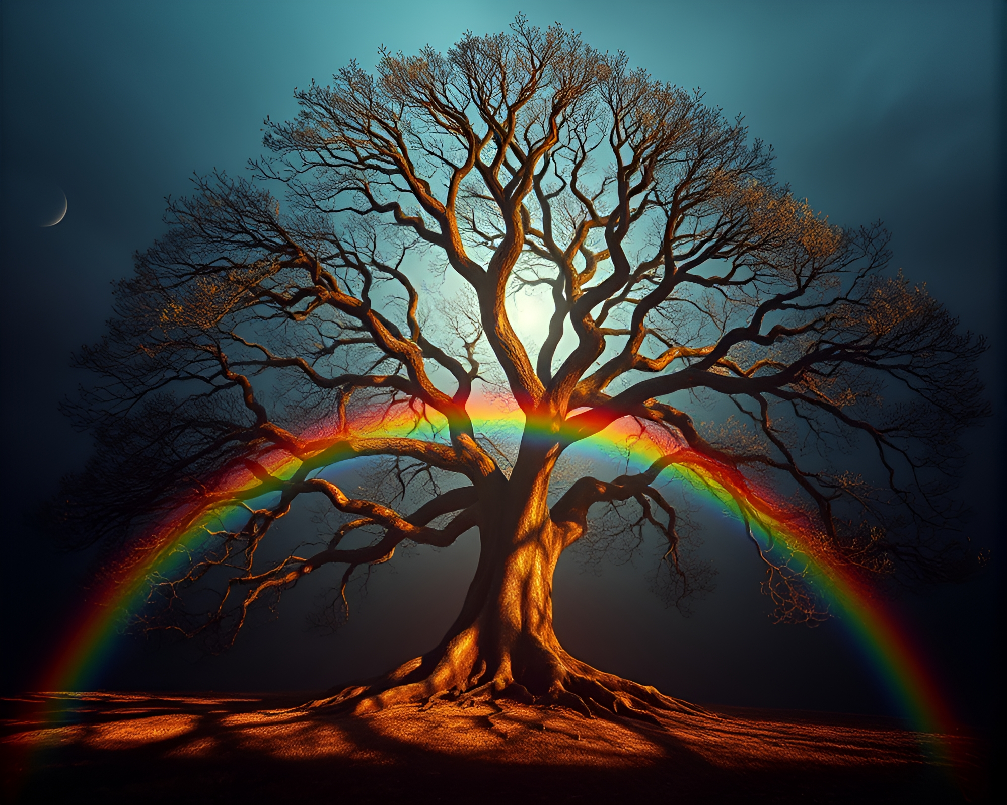 Radiant Rainbow Refraction through Ancient Tree Canopy – free AI stock image