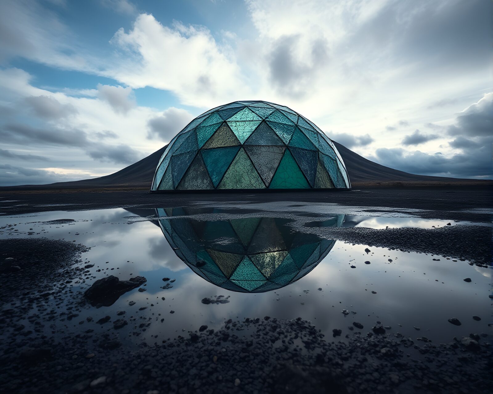 Majestic cathedral dome reflected in volcanic-tinged puddle