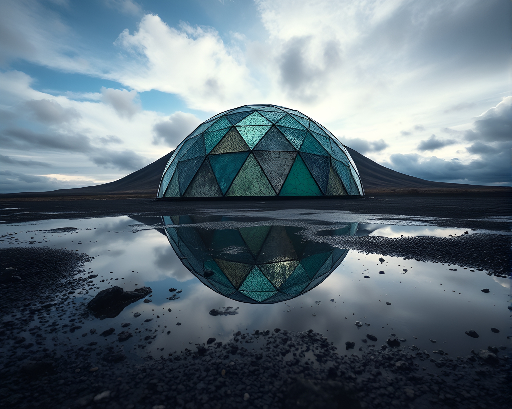 Puddle Reflection of Stained Glass Dome in Volcanic Ash – free AI stock image
