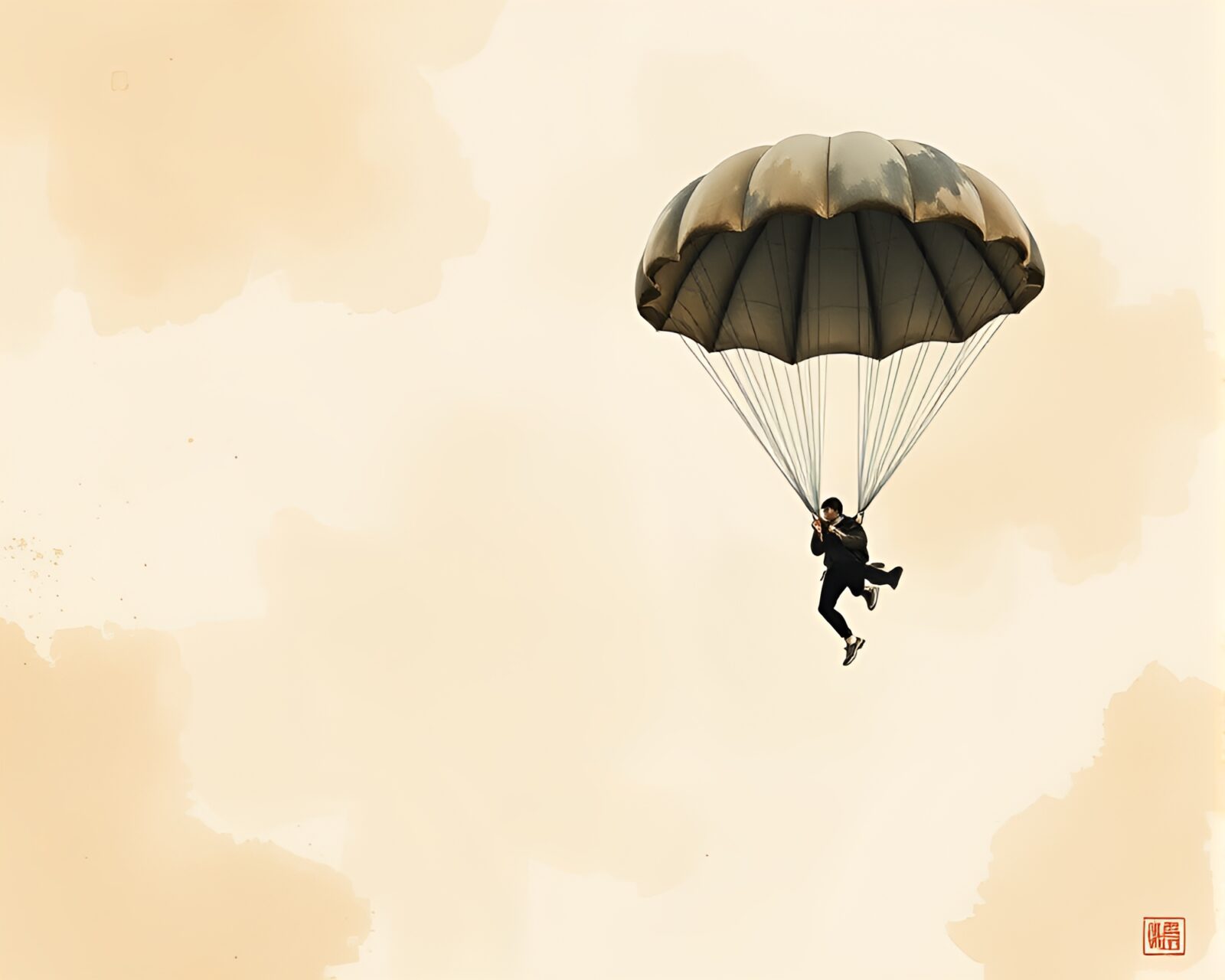 Serene sumi-e style scene showcases parachute jumper in flight