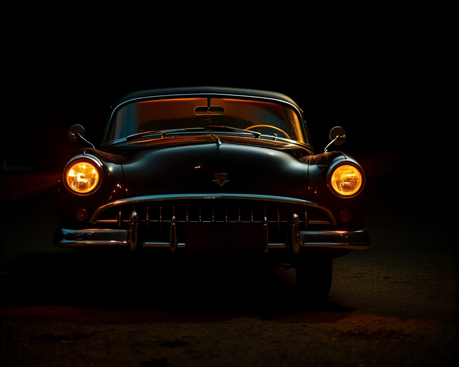 Gilded highlights illuminate a vintage car in dim surroundings