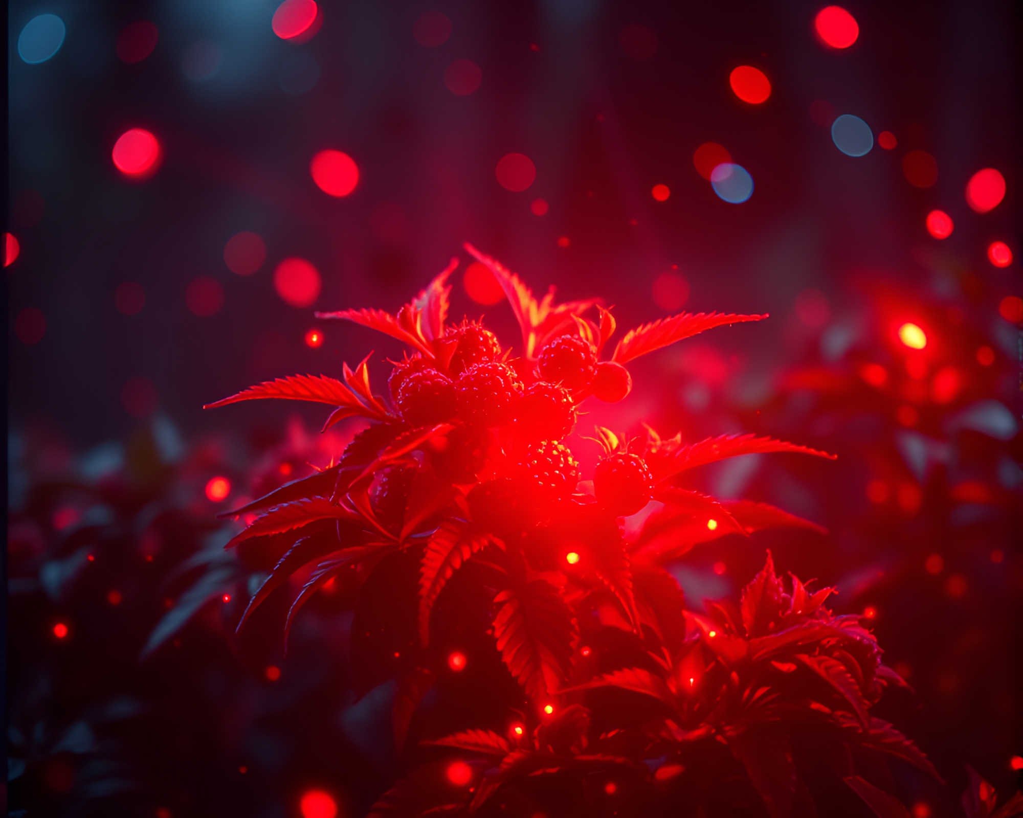 Synthwave Raspberry Bushes with Fractal Glow Film Burns – free AI stock image