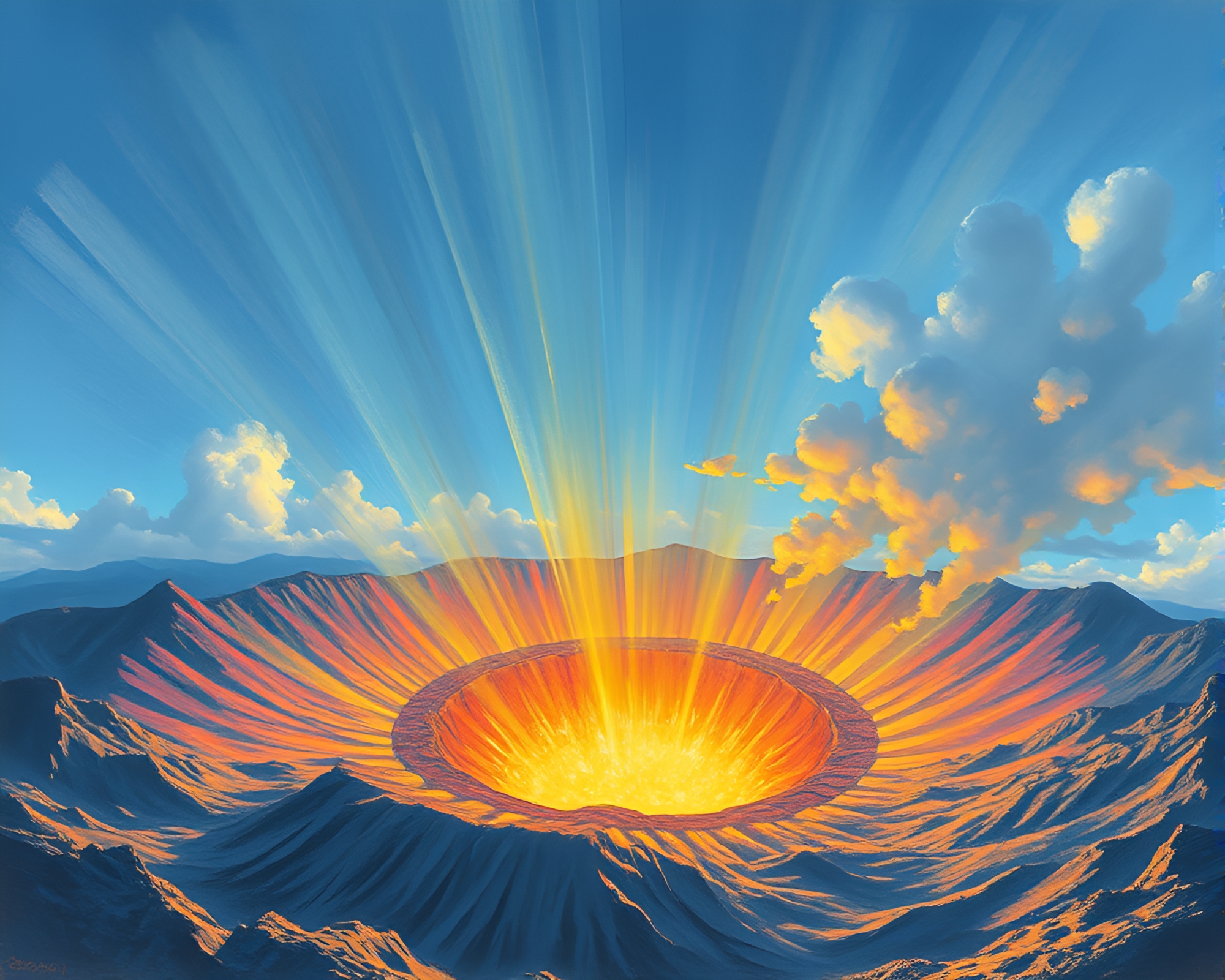 Majestic Volcano Crater: Bursting Lens Flares – free AI stock image