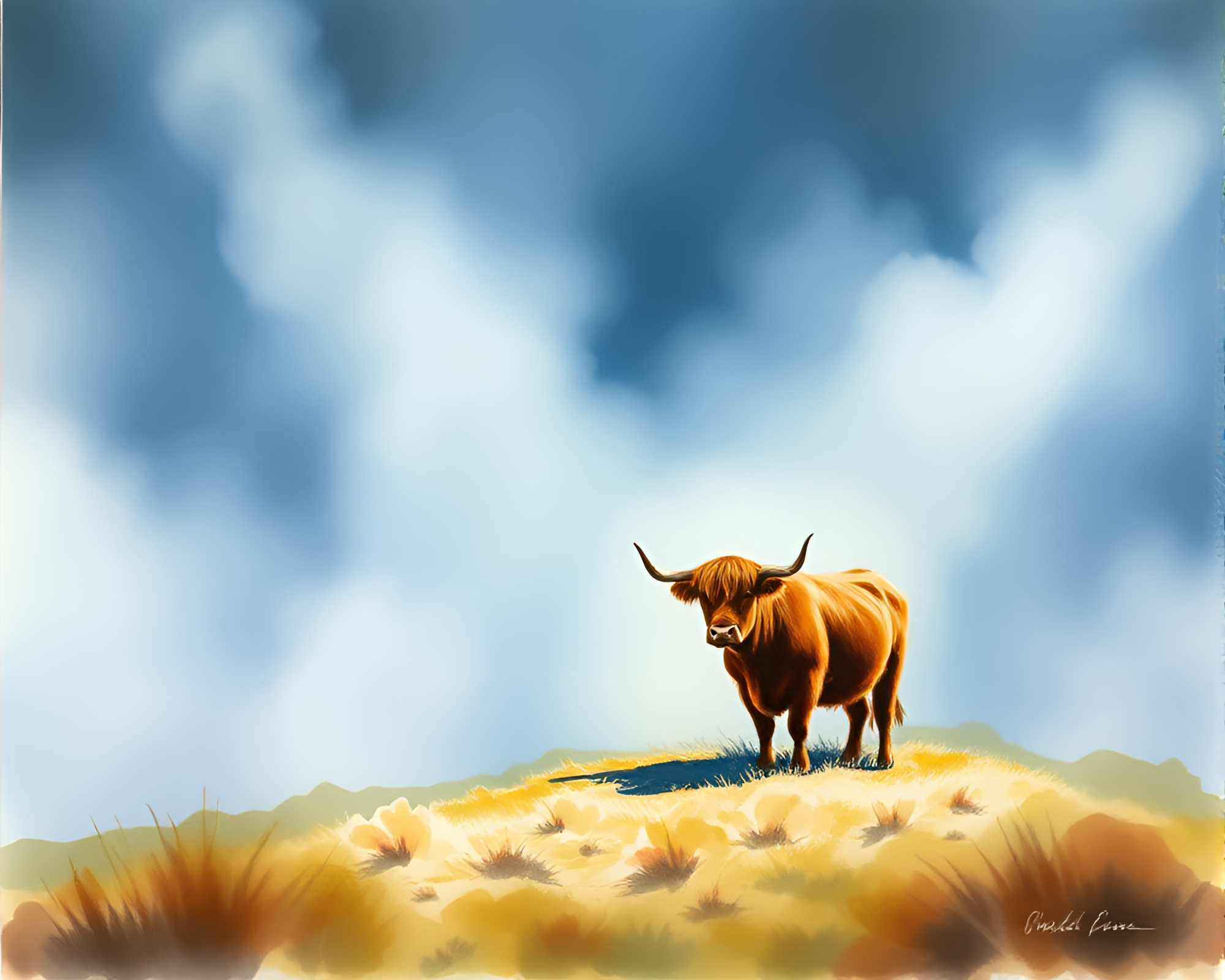 Majestic Highland Cow in Ethereal Fog Bank Spotlight – free AI stock image