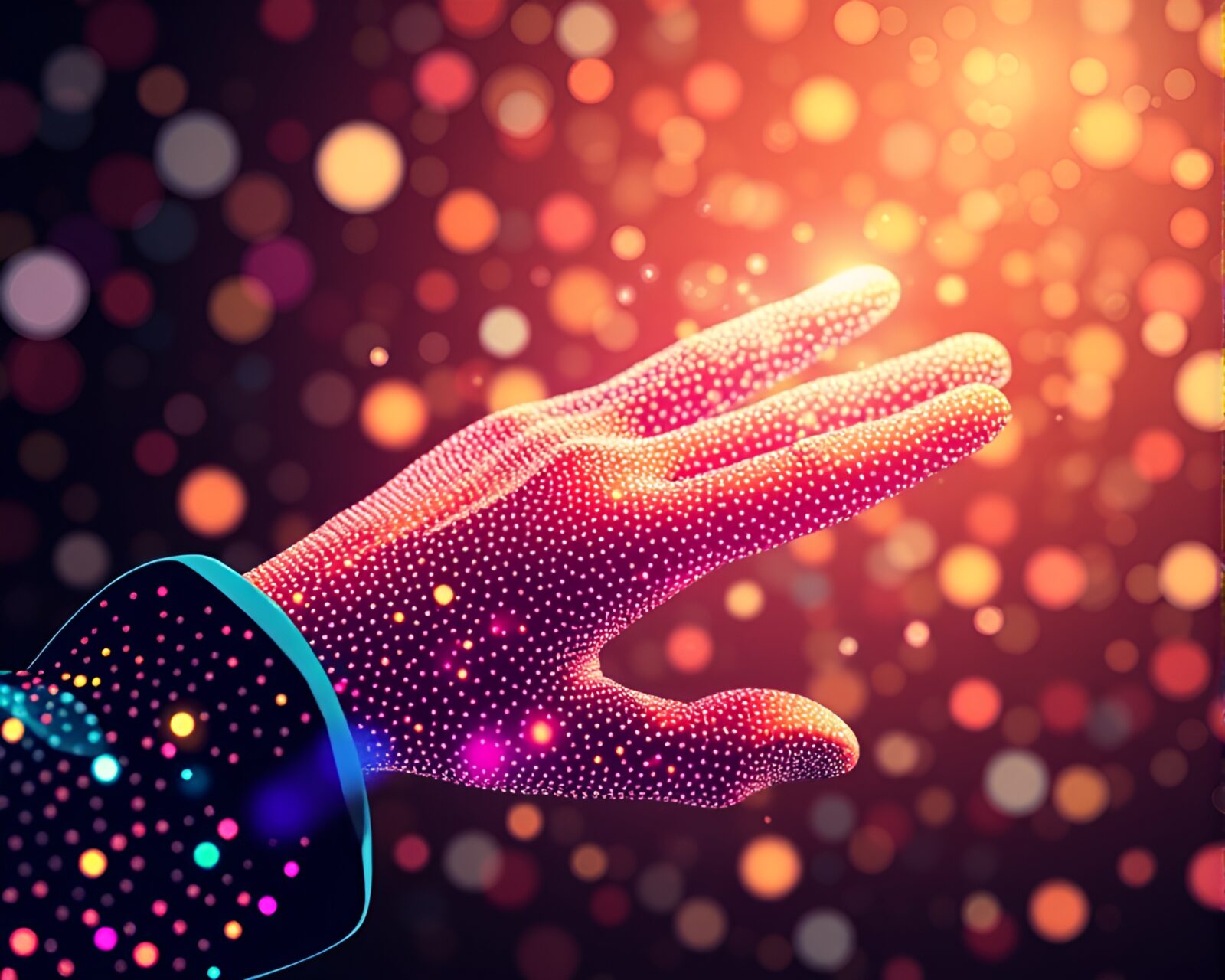 Futuristic cybernetic hand composed of pointillist dots with glossy finish