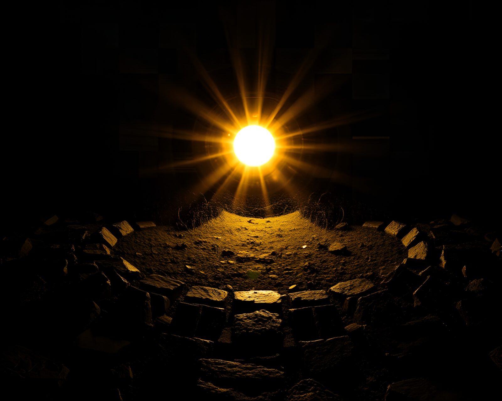 Mystical stone circle bathed in glowing torchlight and collage style