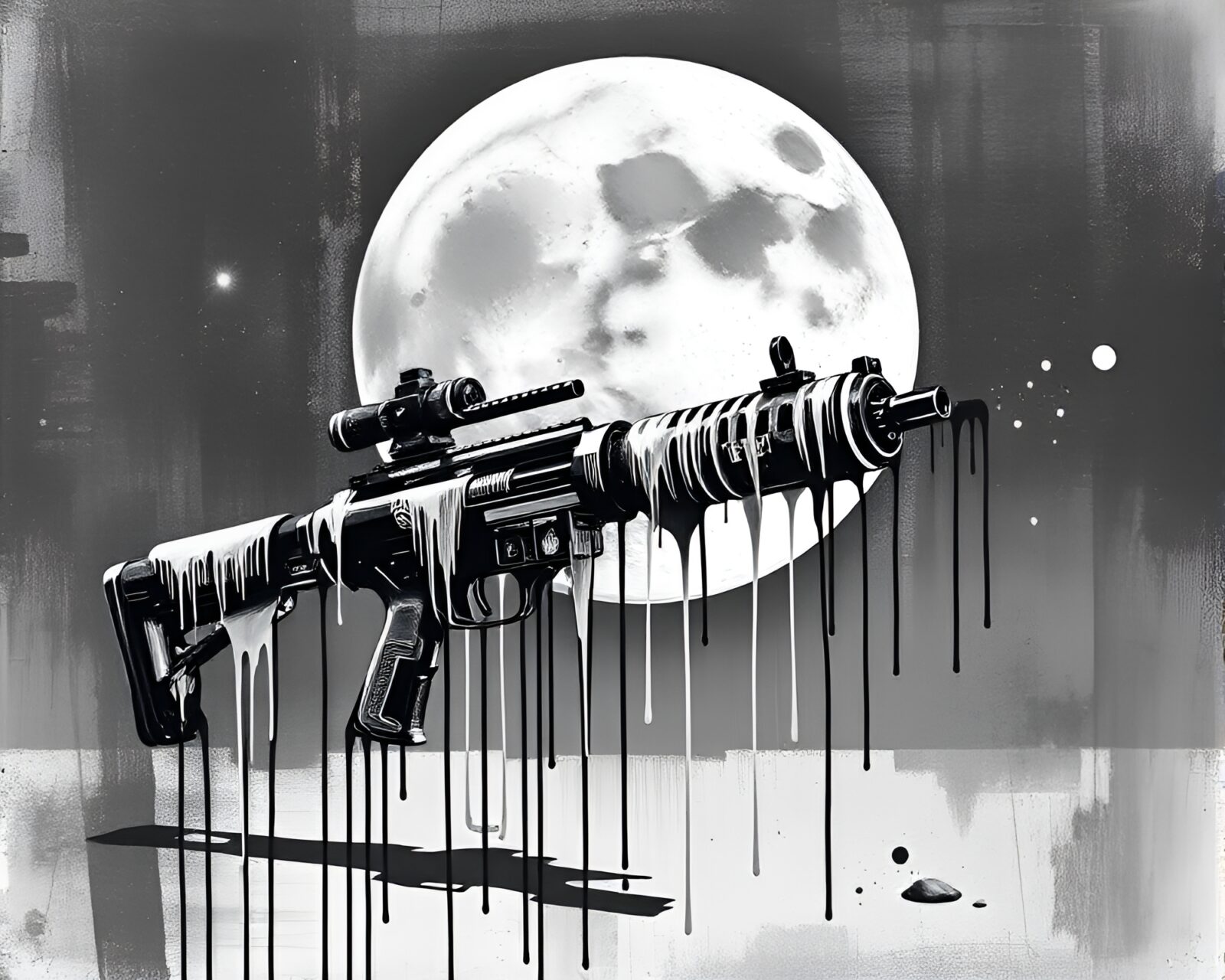 Abstract painting of a plasma rifle in grayscale tones