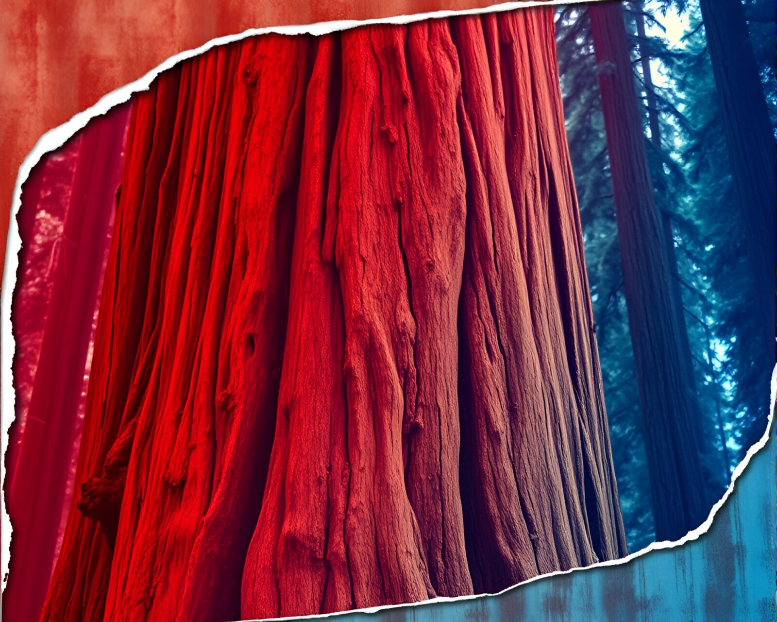 A hyper-realistic view of a surreal redwood forest.
