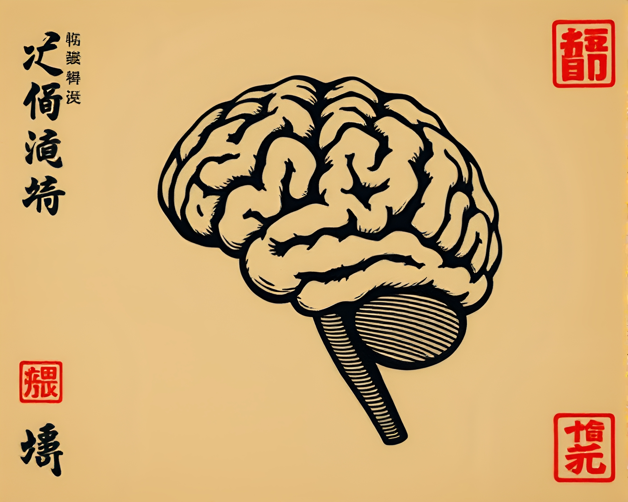 AI Brain Woodblock Print Fusion Retro Film – free AI stock image