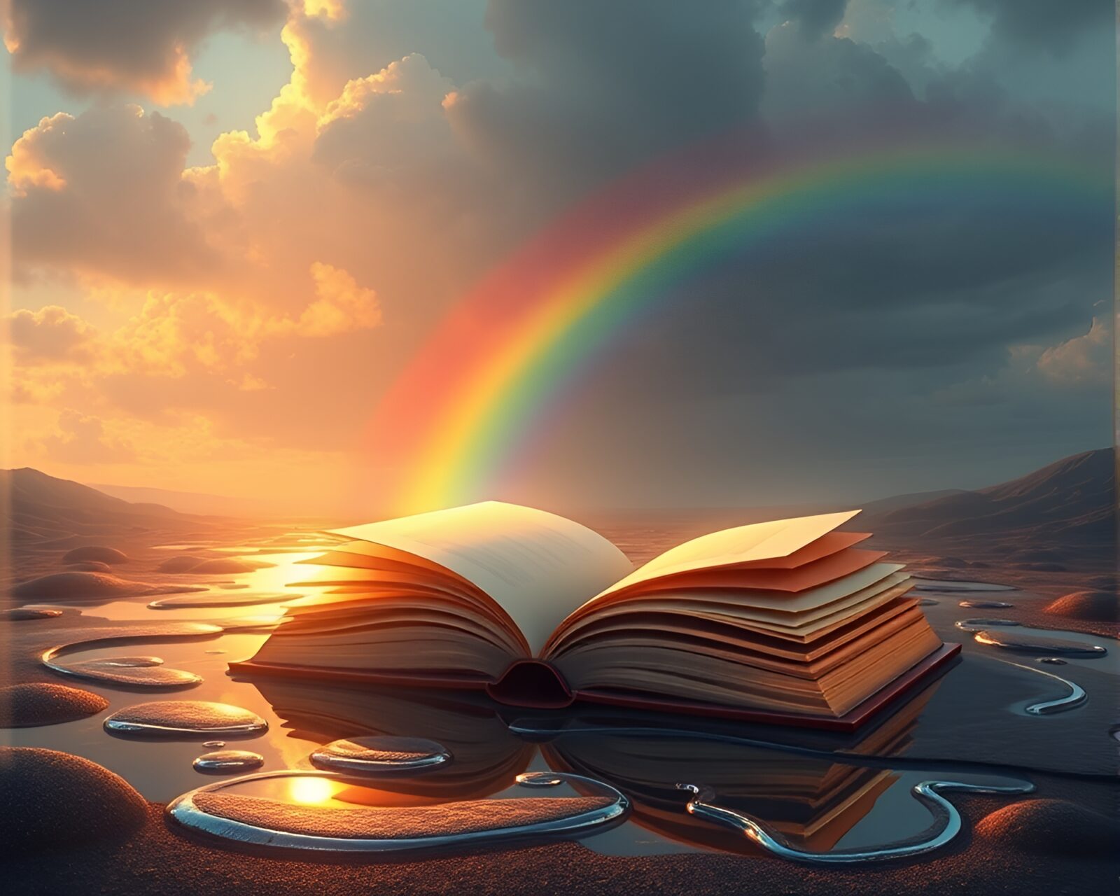 Vector art of an enchanted book with oil slick rainbow under dawn light