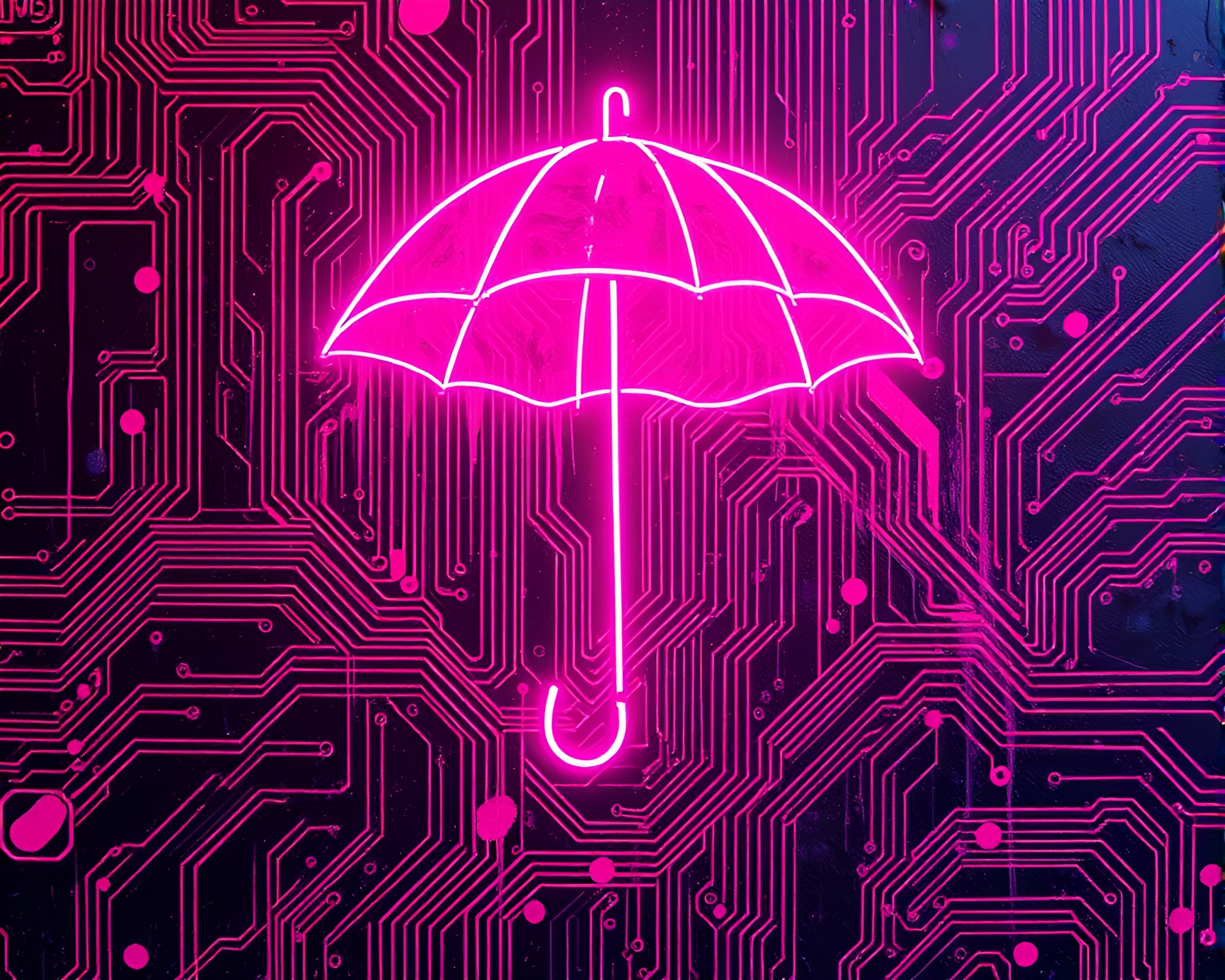 Neon-lit Circuit Board with Magenta Graffiti Umbrella – free AI stock image