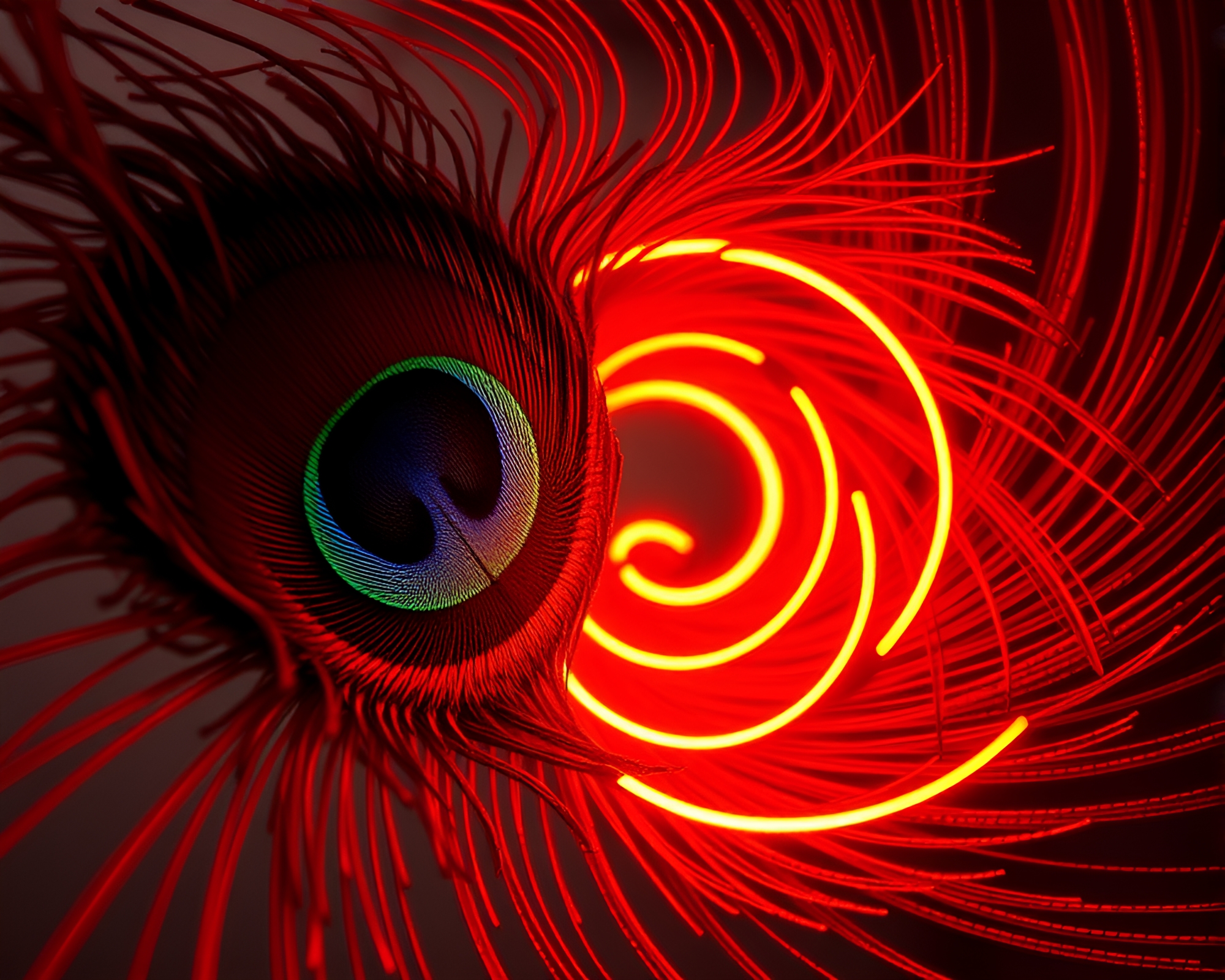Spiral Neon Peacock Feathers in Burnt Orange Glow – free AI stock image