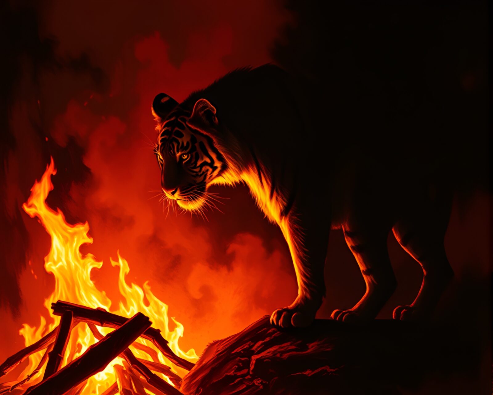 Shadowy tiger outline illuminated by warm bonfire light