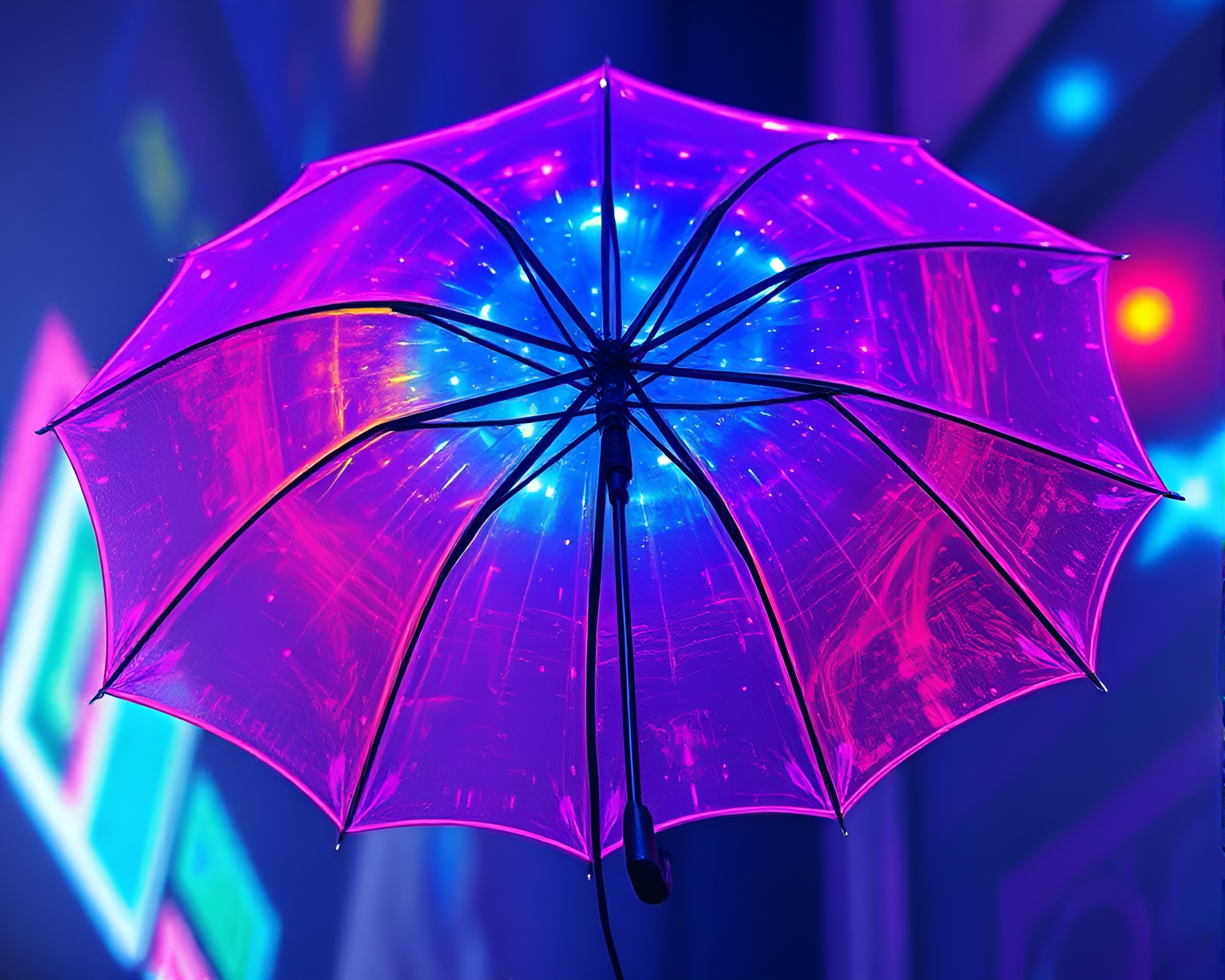 Neon-lit Umbrella With Holographic Sheen Tempera Painting – free AI stock image