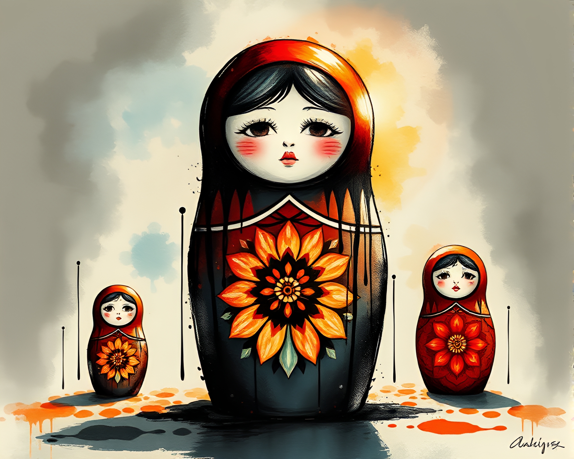 Ink Wash Matryoshka Doll with Solar Flare Glow – free AI stock image