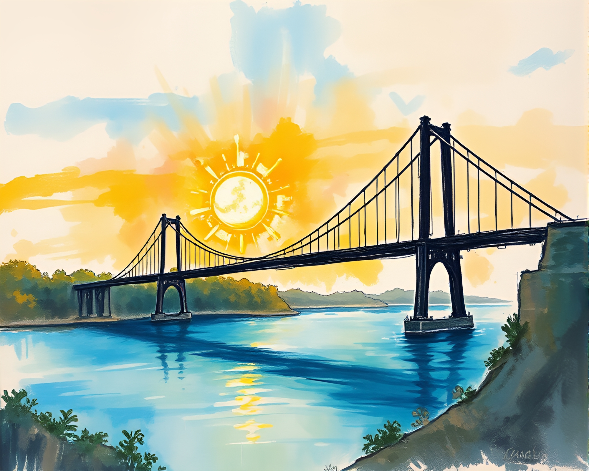 Suspension Bridge Brightened by Sunlit Graffiti Details – free AI stock image