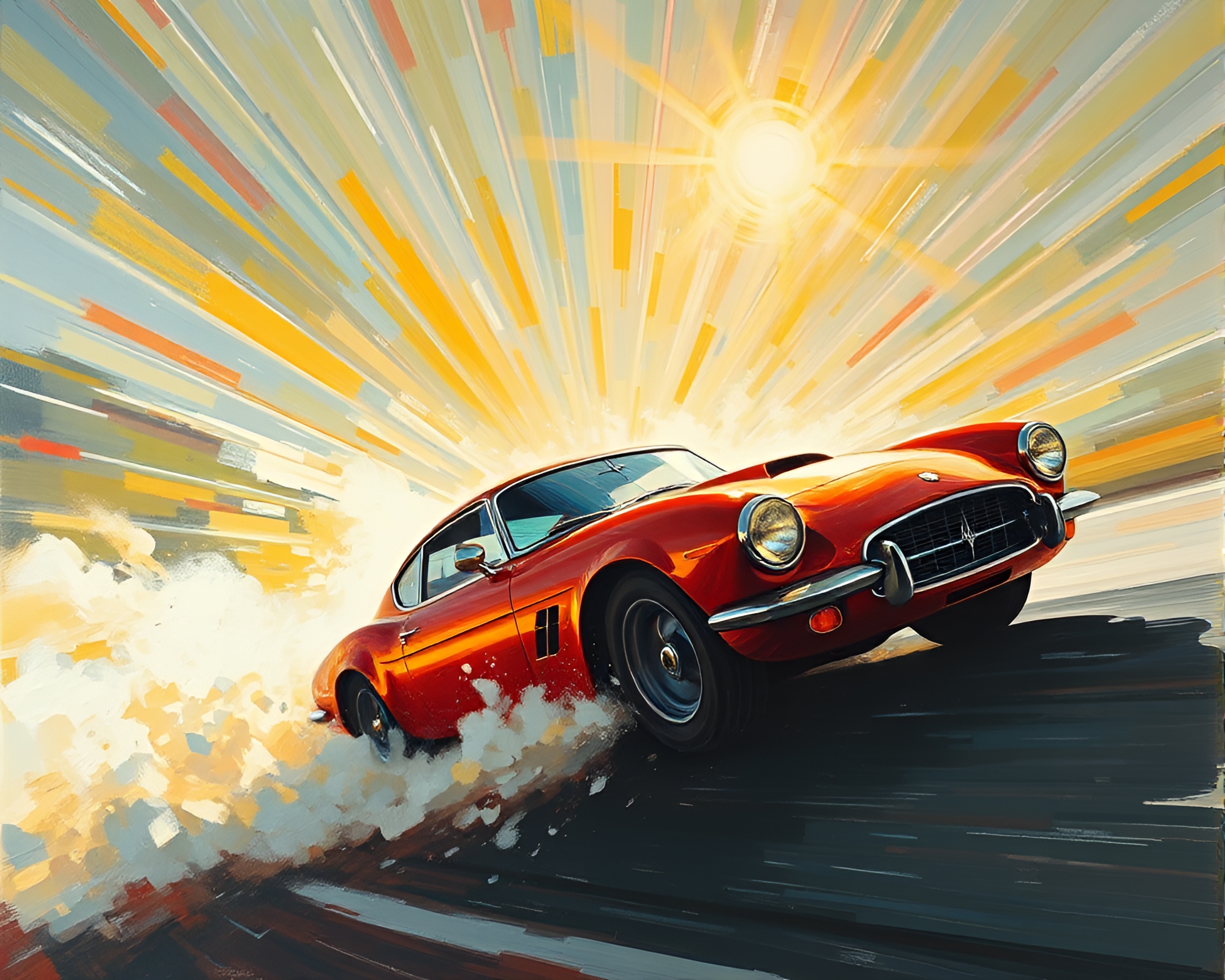Flying Car Zoom Burst in Sunbeam Rays – free AI stock image