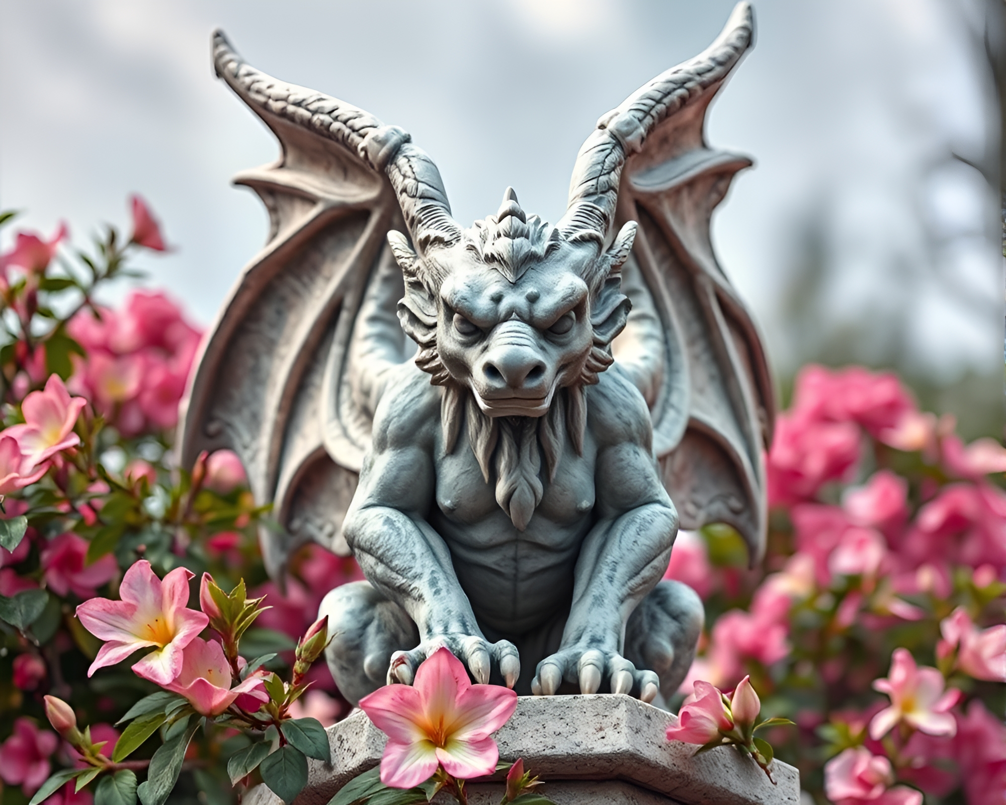 Hyper-realistic watercolor blooms on gargoyle statue – free AI stock image