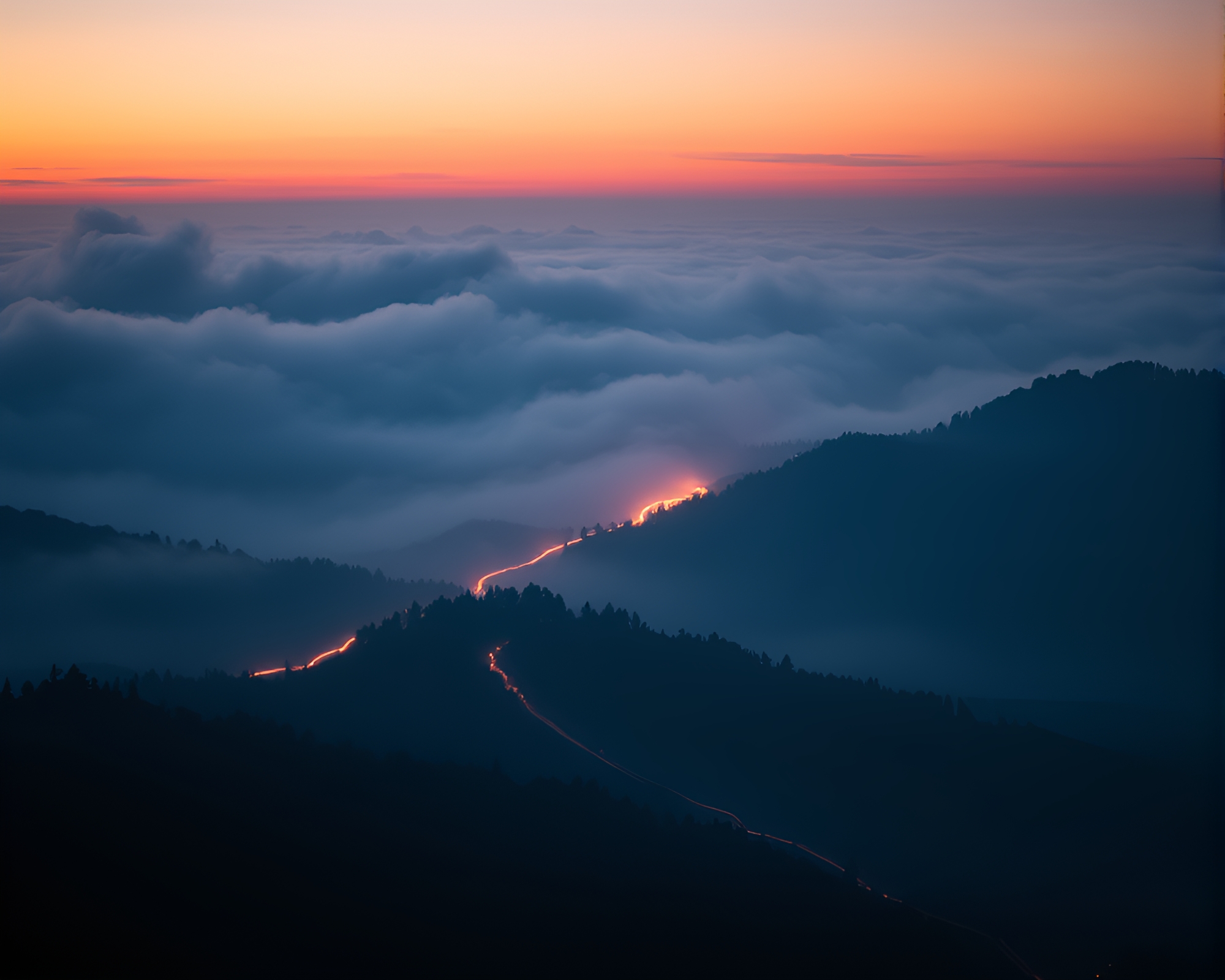 Twilight Mist: Geometric Mountain Light Trails – free AI stock image