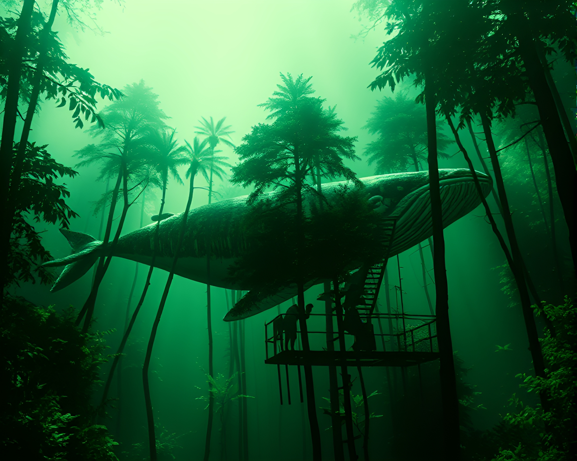 Whale Double Exposure in ASCII Rainforest Green Haze – free AI stock image