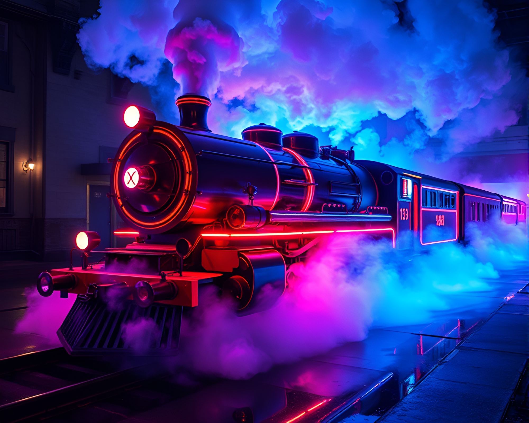 Vibrant LED steam train in hyper-realistic steam swirls – free AI stock image