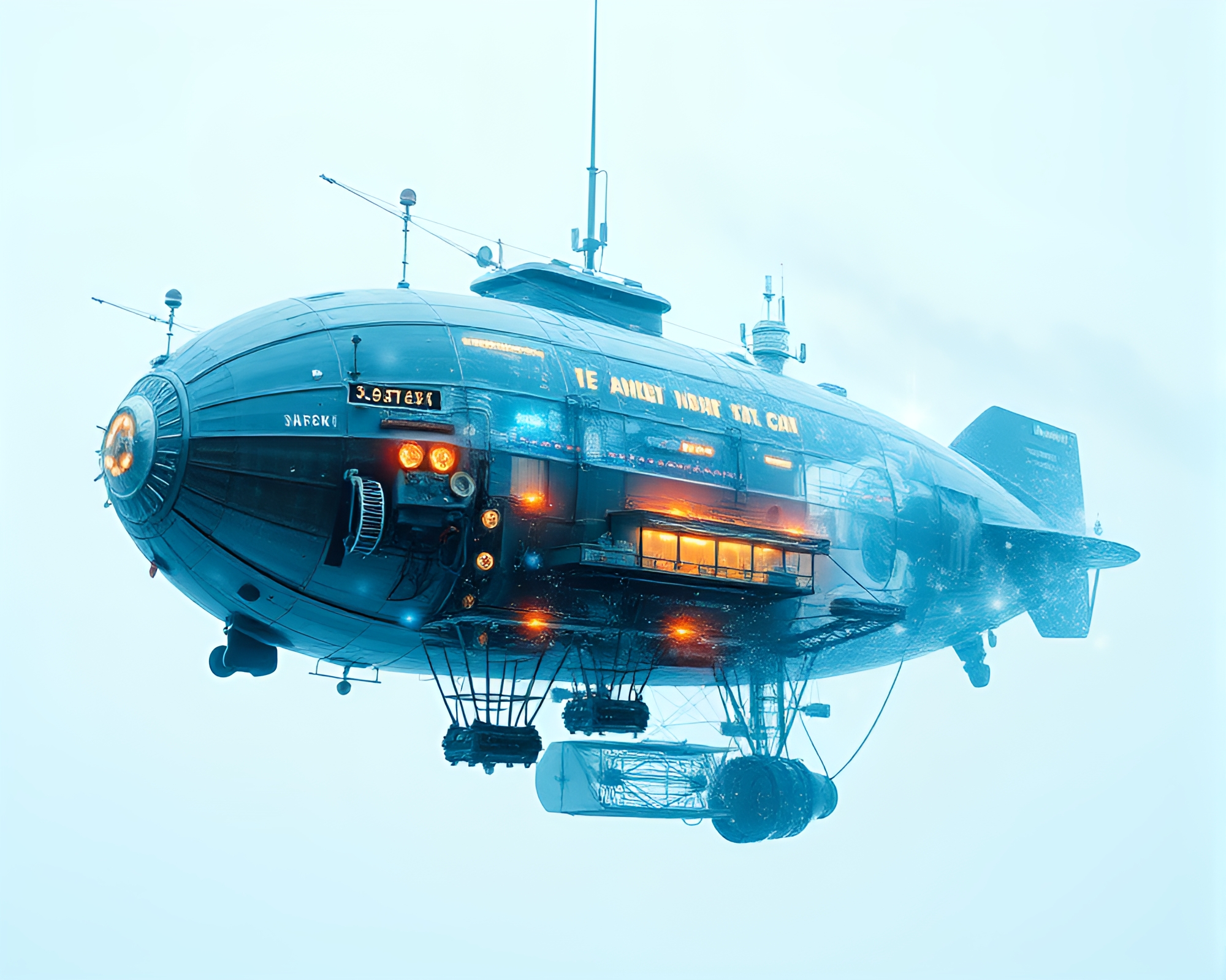 Steampunk Airship Double Exposure in Ice-Blue Hues – free AI stock image