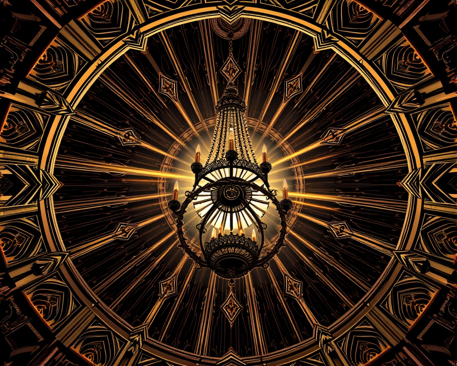 Intricate steampunk chandelier hangs in grand Gothic hall