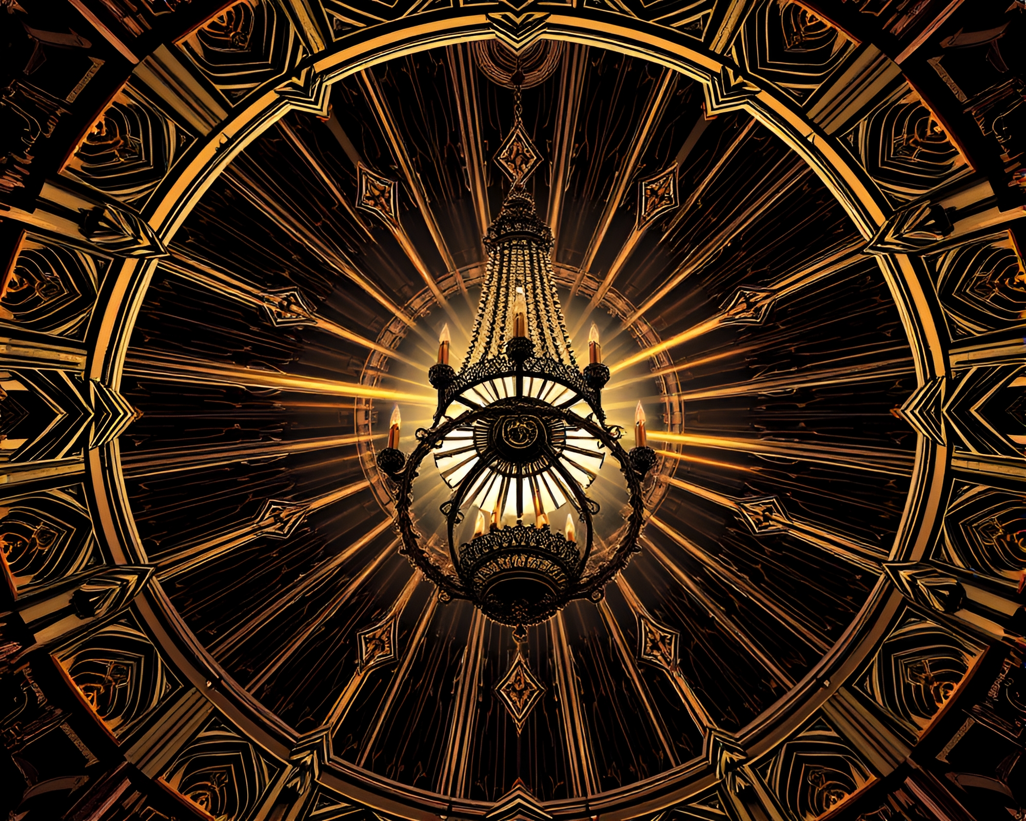 Gothic Steampunk Chandelier with Radial Symmetry – free AI stock image