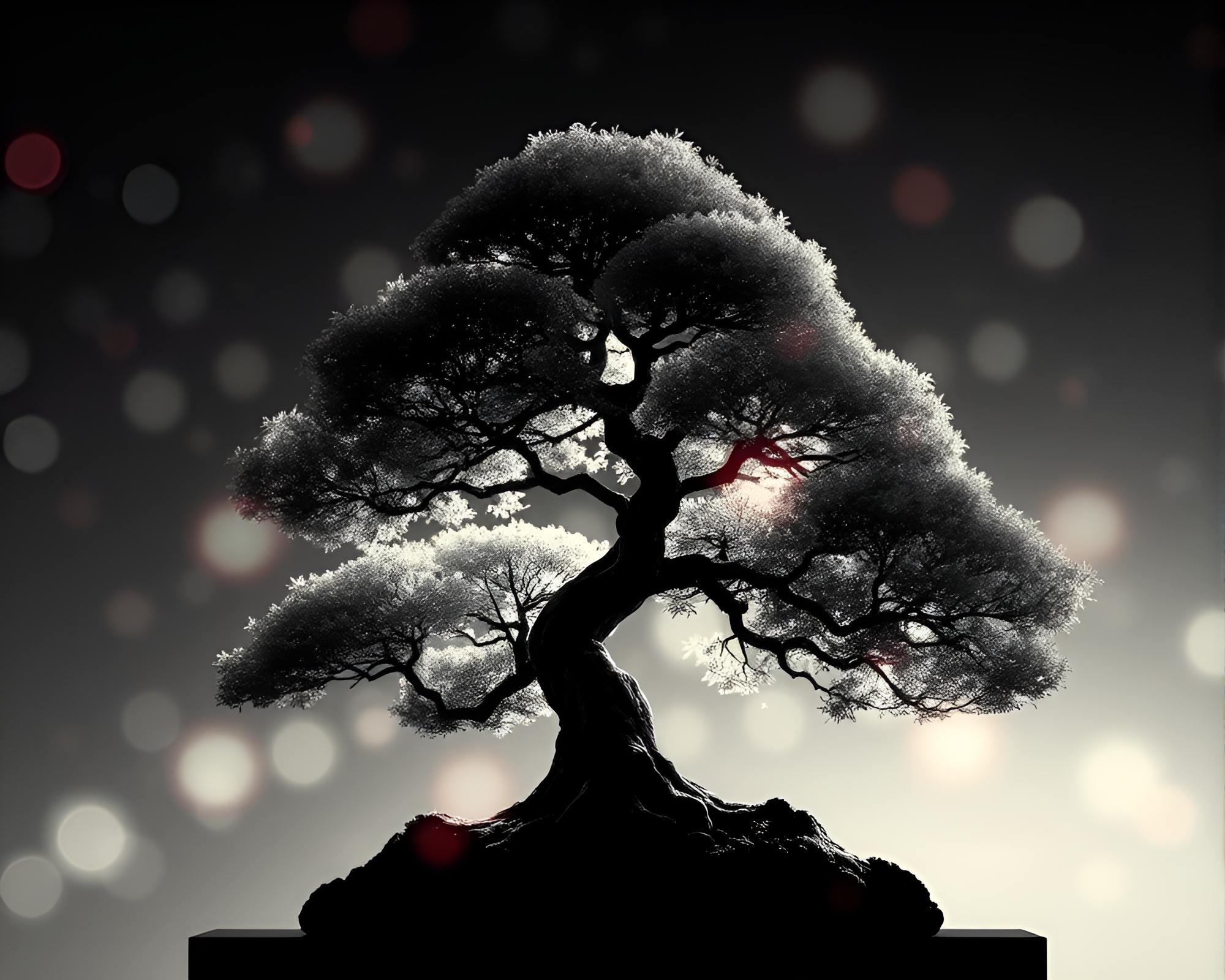 Vector Halftone Bonsai Tree Under Light Leak – free AI stock image