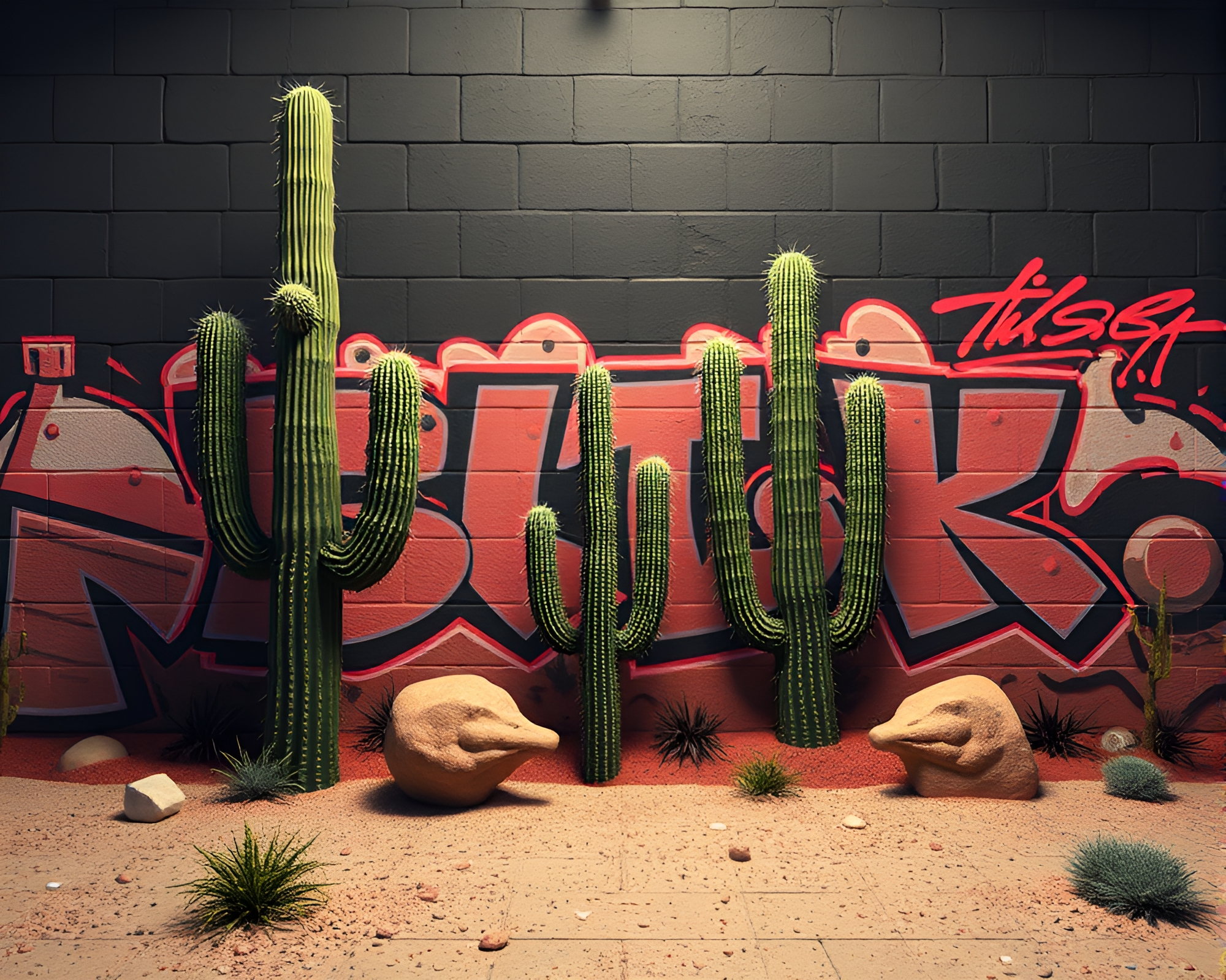 Desert Cactus Noir Mural Graffiti 3D Render – free AI stock image