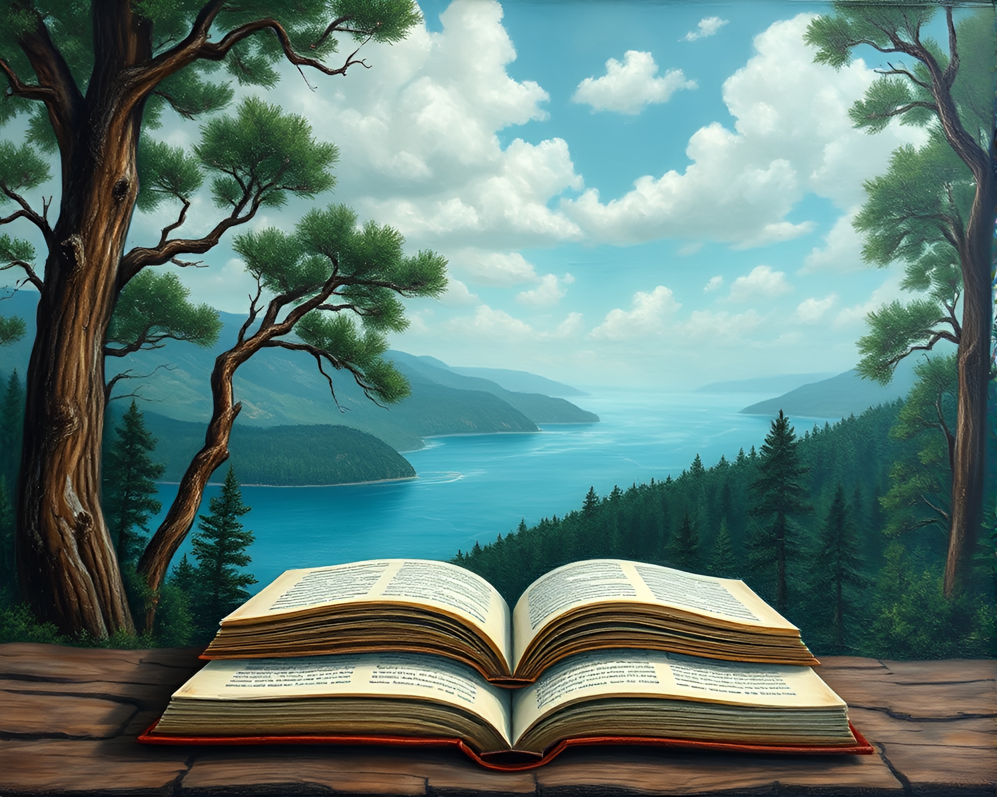 Enchanted Book Panoramic View in Turquoise Calm – free AI stock image