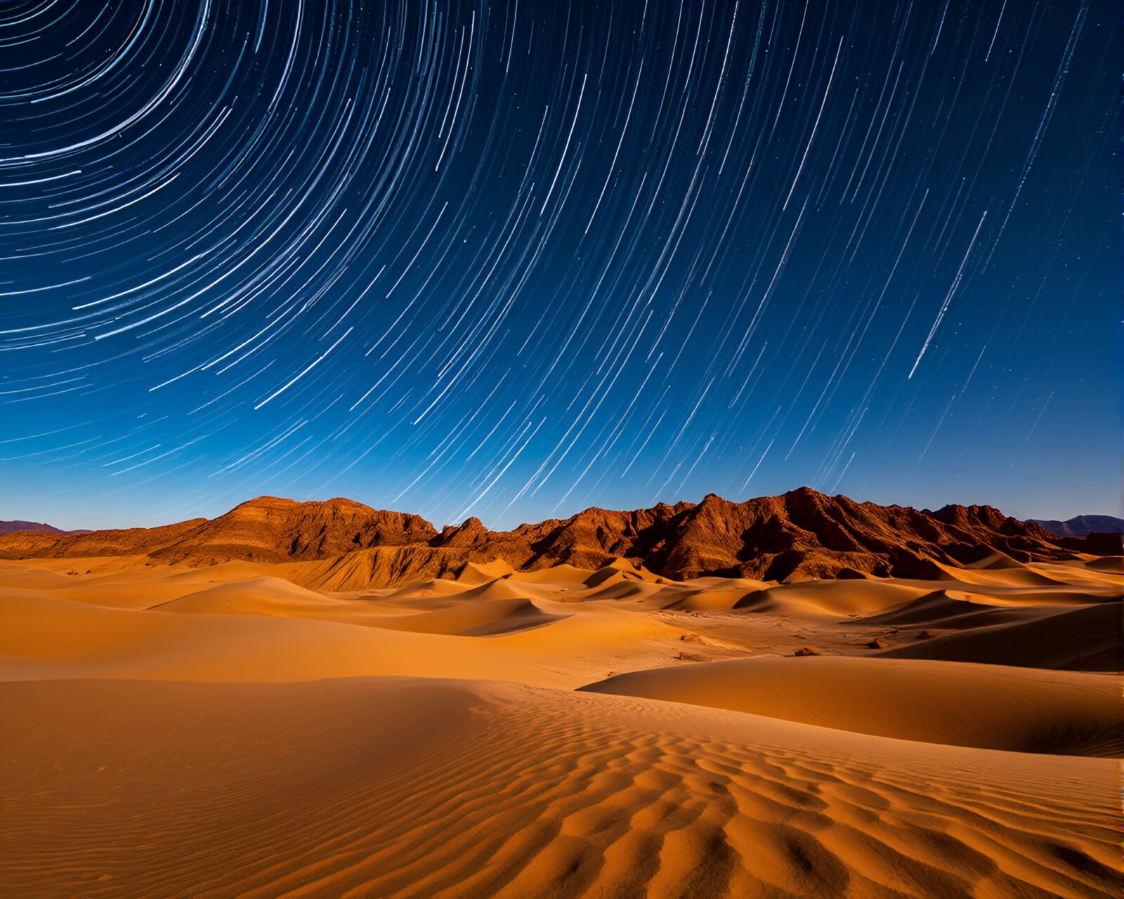 Sweeping star trails illuminate canyon sand dunes at night