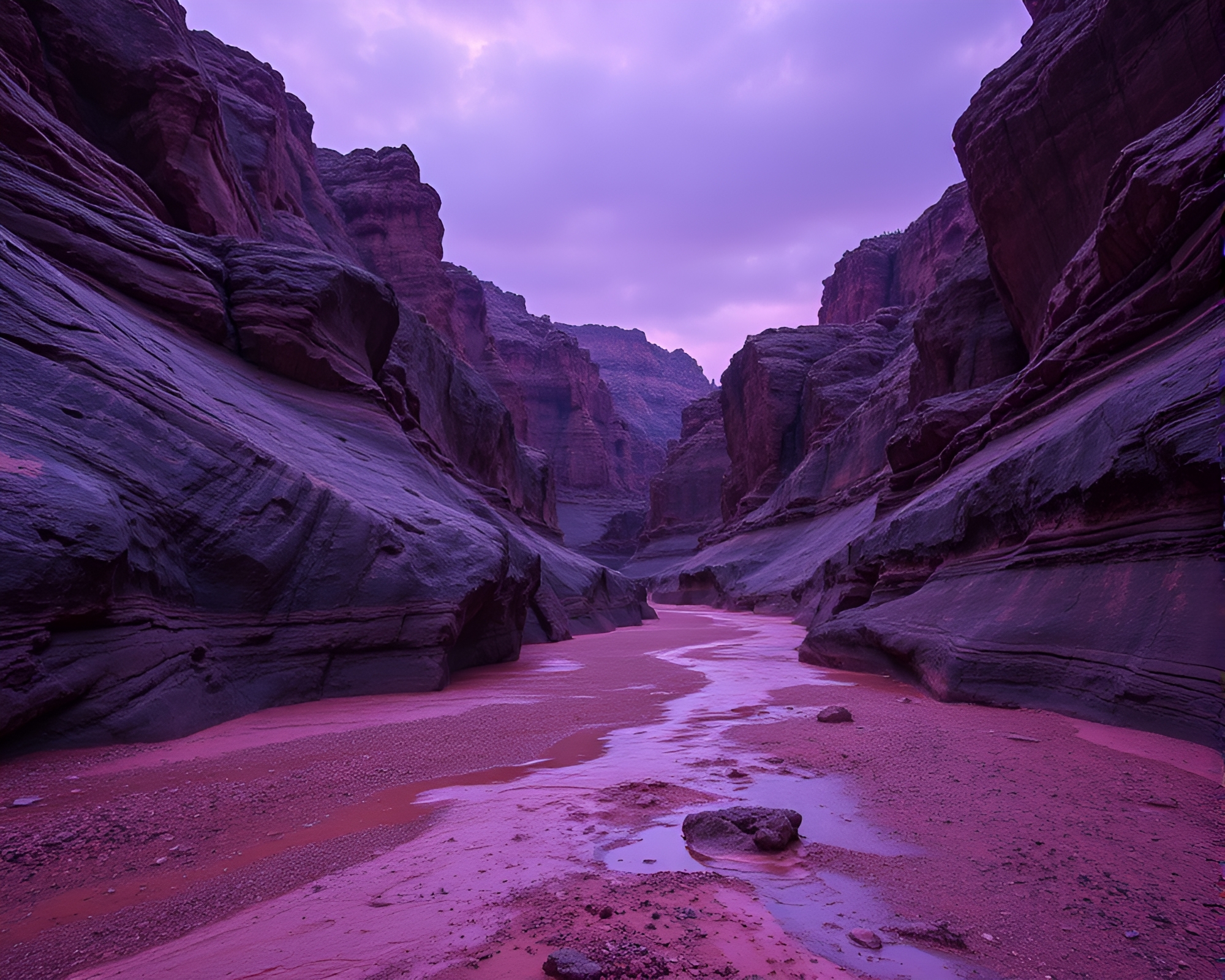 Twilight Canyon Calligraphy on Wet Pavement – free AI stock image