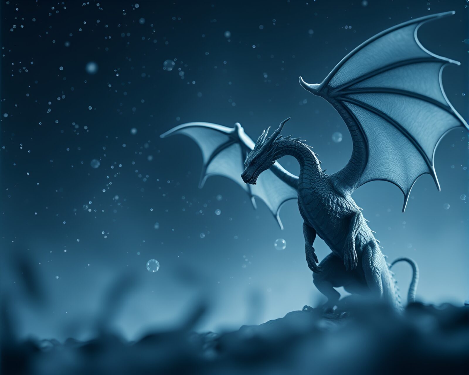 A celestial dragon in monochrome blue sky with shallow depth of field