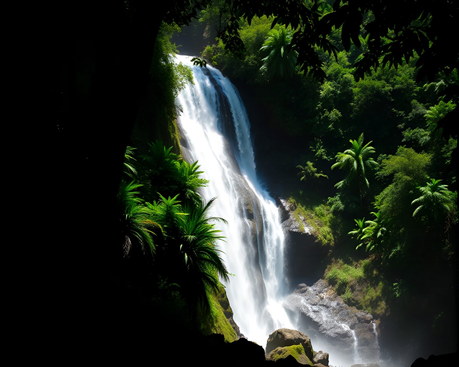 Majestic waterfall surrounded by lush tropical forest under a shadowy sky