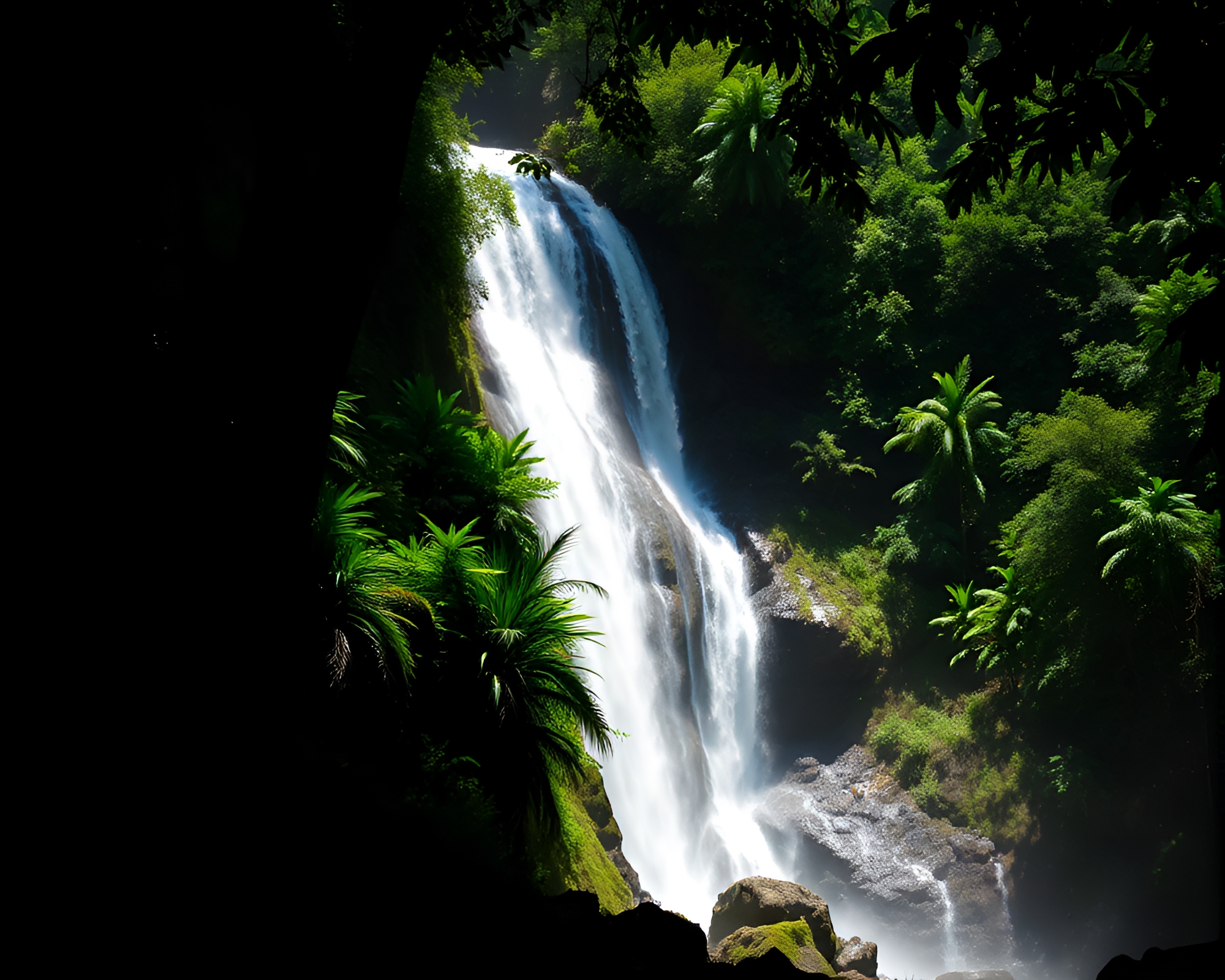 Tropical Waterfall Shadow Silhouette in Forest-Green Shade – free AI stock image