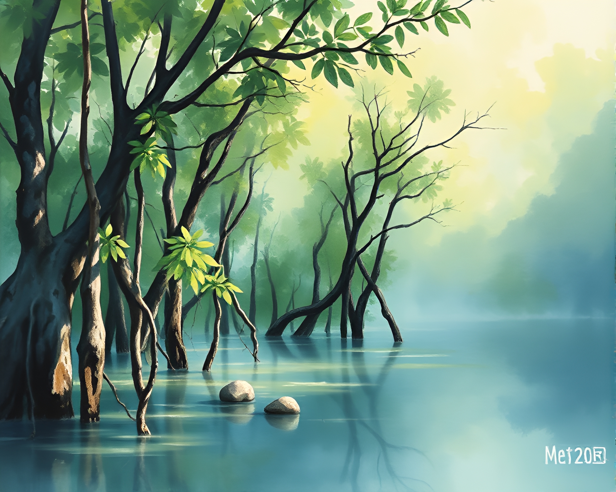 Gouache Mangrove Swamp in Acid Wash Palette – free AI stock image