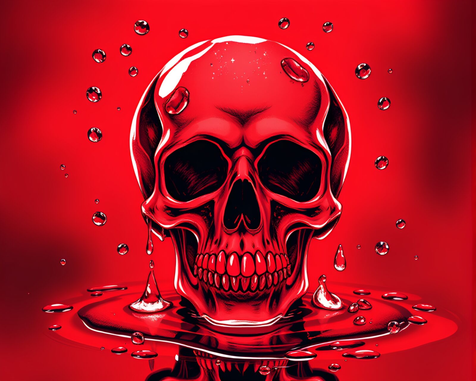 Illustration of crystal skull covered in water droplets in red hues