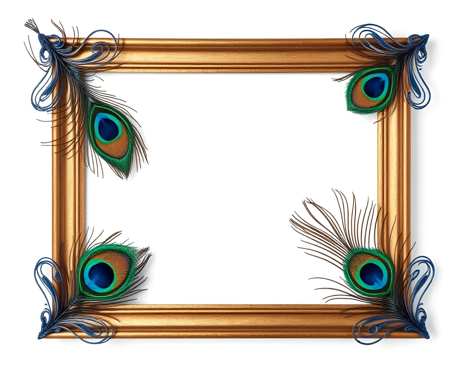 Beautiful peacock feather with cobalt blue accents in frame