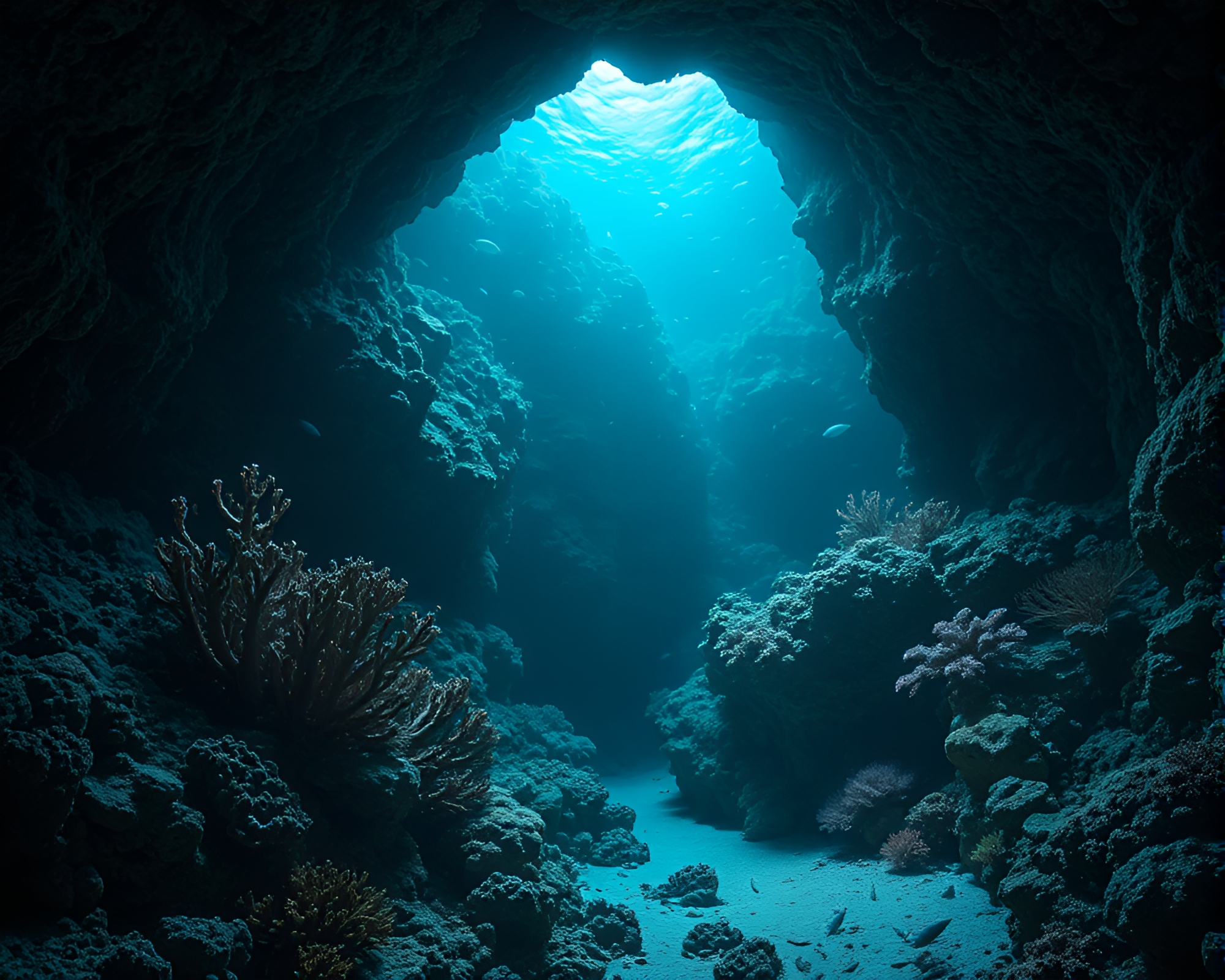 Coral Reef Hatching in Dark Cave Entrance – free AI stock image