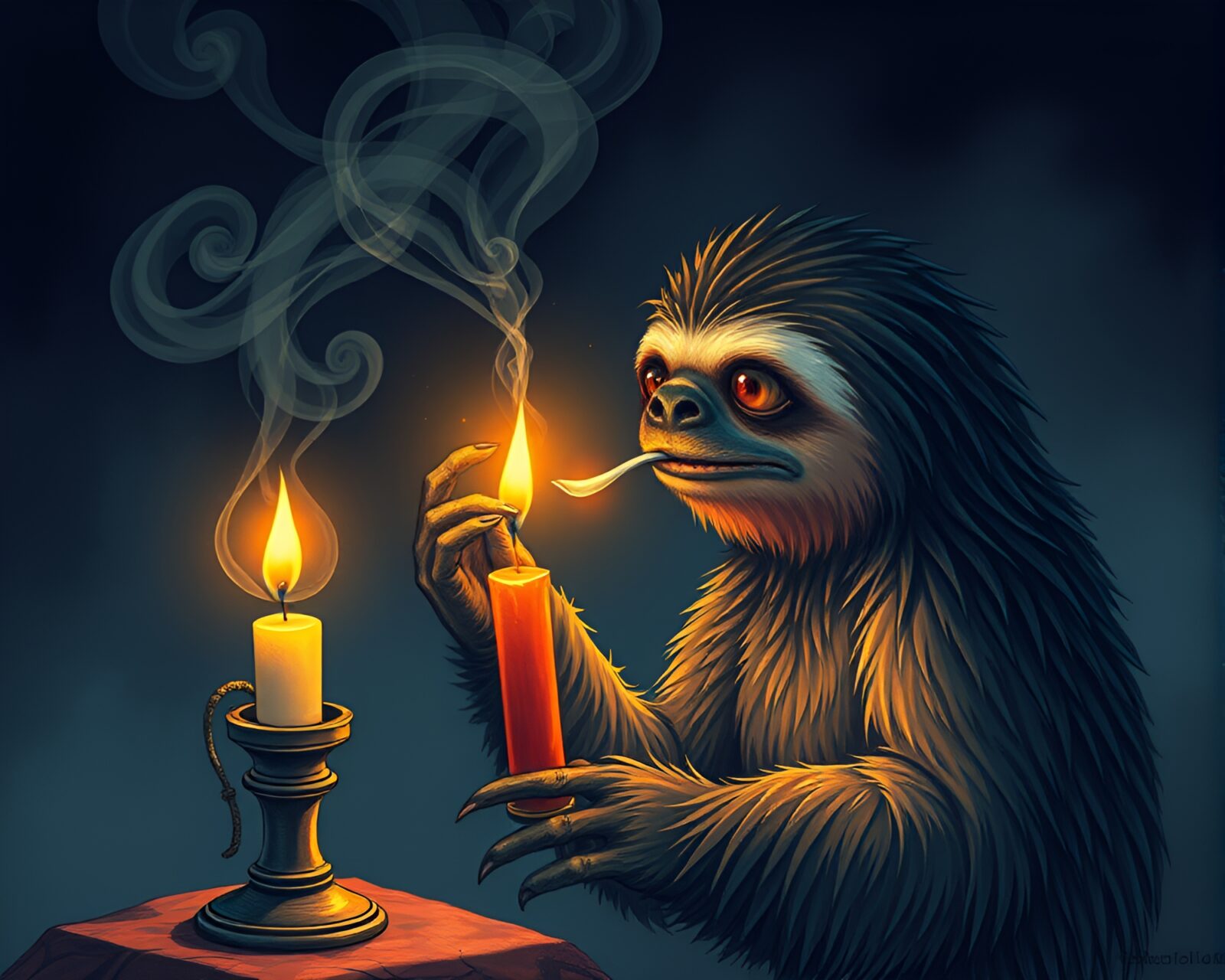 Technical illustration of sloth lounging in midday candle smoke
