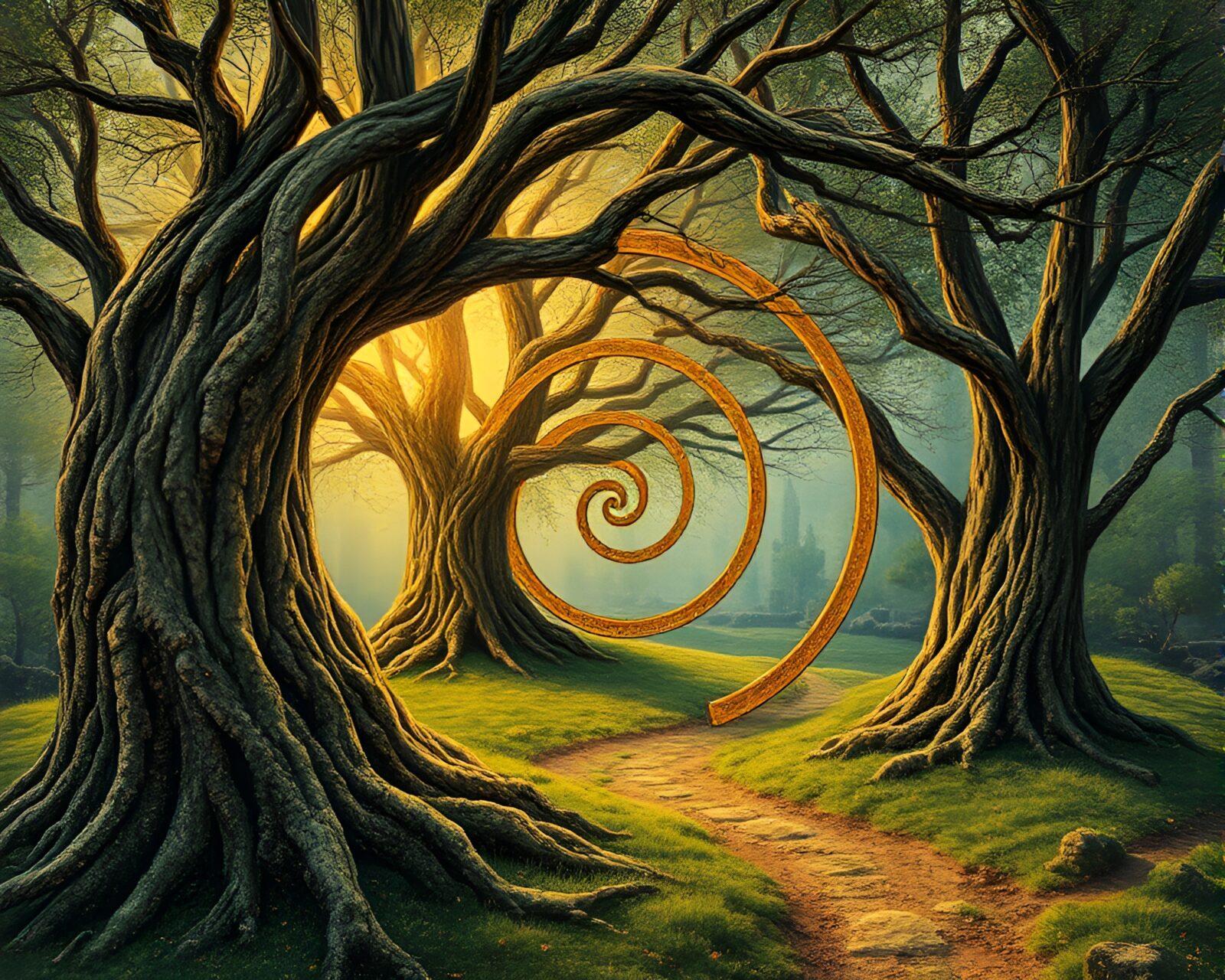Mystical forest with spiral pathway in golden light