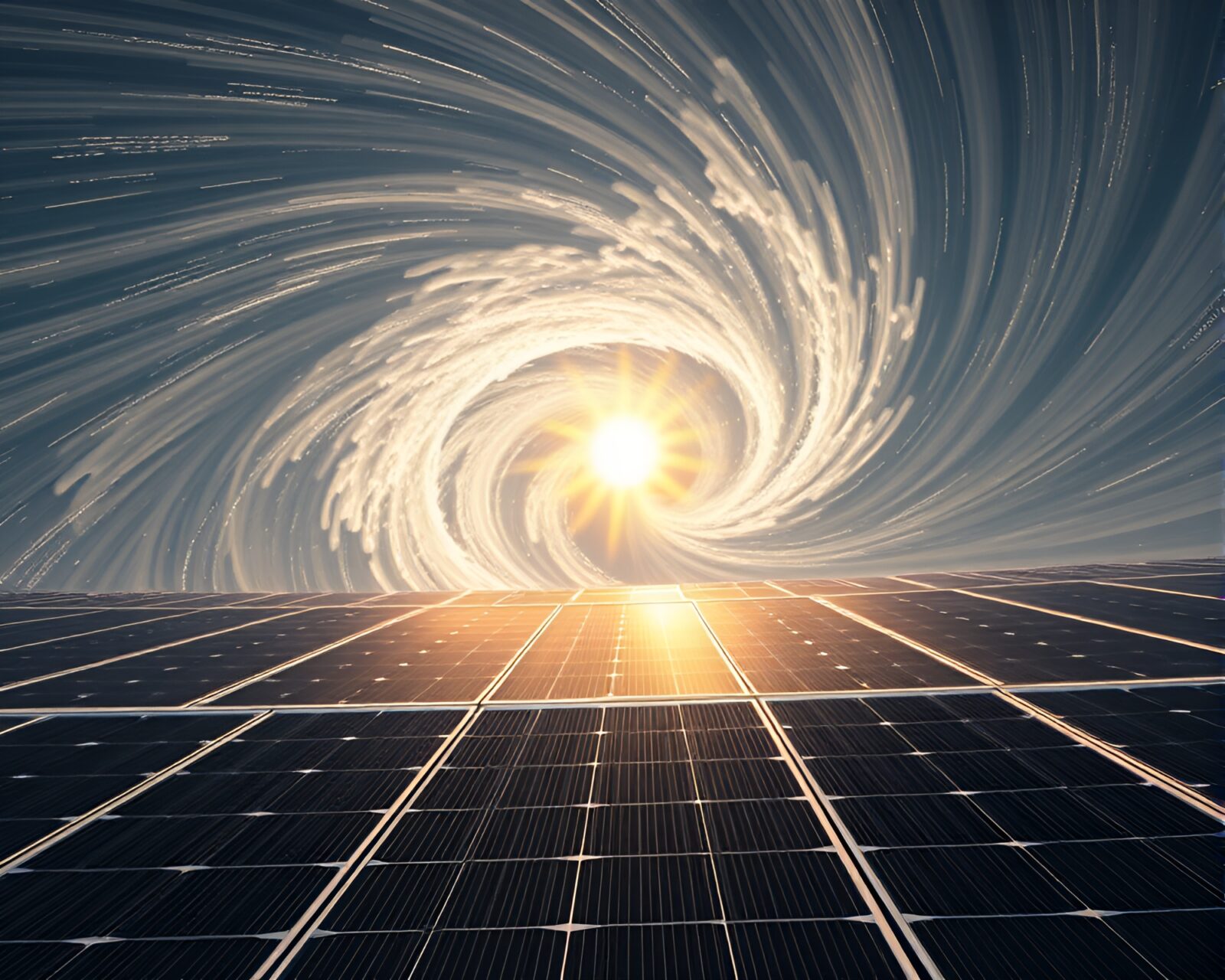 Bright overexposed solar panels with swirling vortex overlay