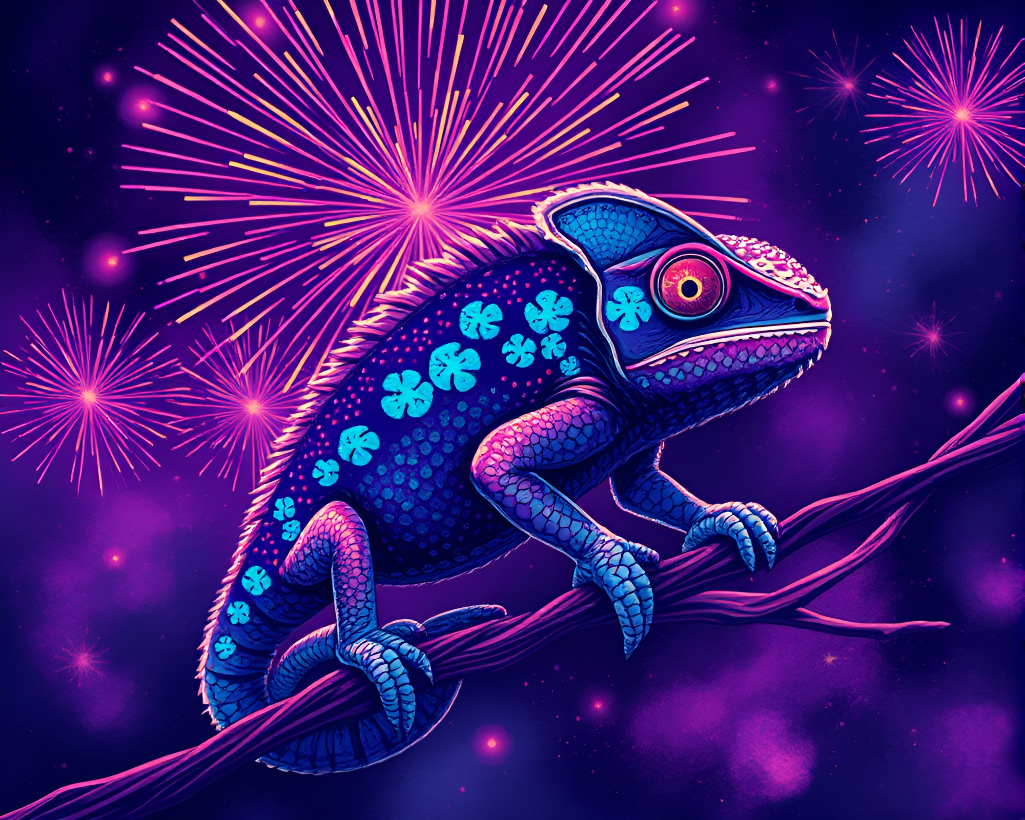 Vibrant Chameleon amid Amethyst Fireworks – free AI stock image